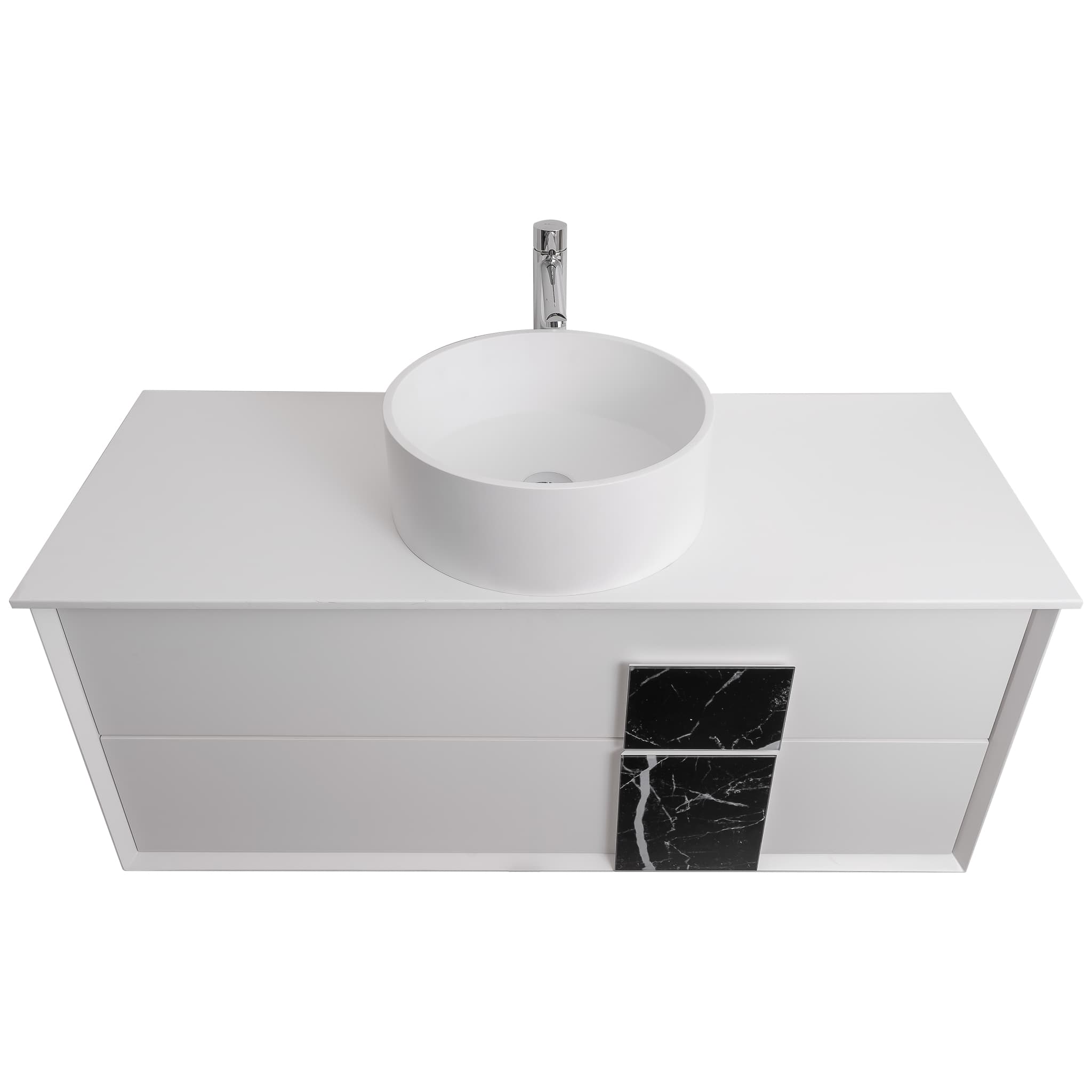 Piazza 47.5 Matte White With Black Marble Handle Cabinet, Solid Surface Flat White Counter and Round Solid Surface White Basin 1386, Wall Mounted Modern Vanity Set