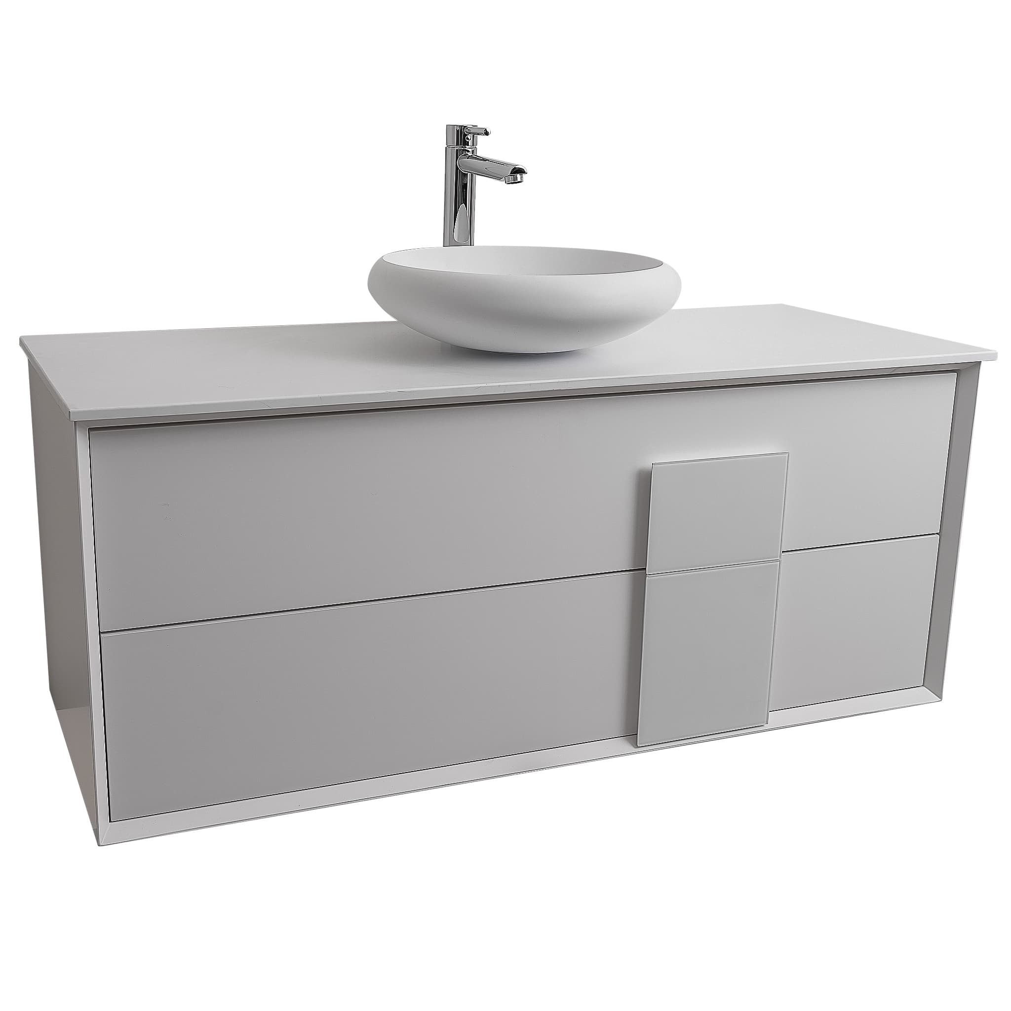 Piazza 47.5 Matte White With White Handle Cabinet, Solid Surface Flat White Counter and Round Solid Surface White Basin 1153, Wall Mounted Modern Vanity Set