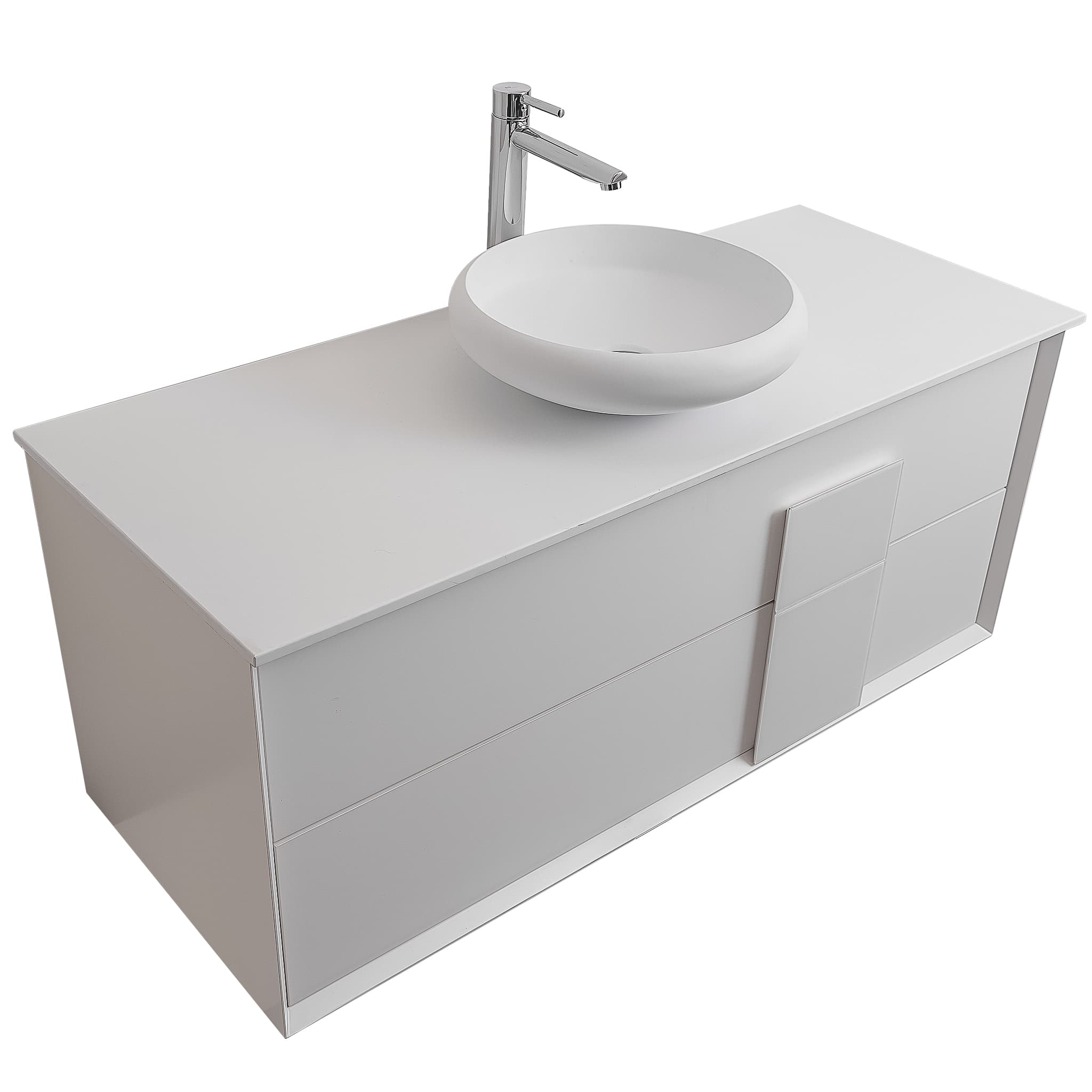 Piazza 47.5 Matte White With White Handle Cabinet, Solid Surface Flat White Counter and Round Solid Surface White Basin 1153, Wall Mounted Modern Vanity Set