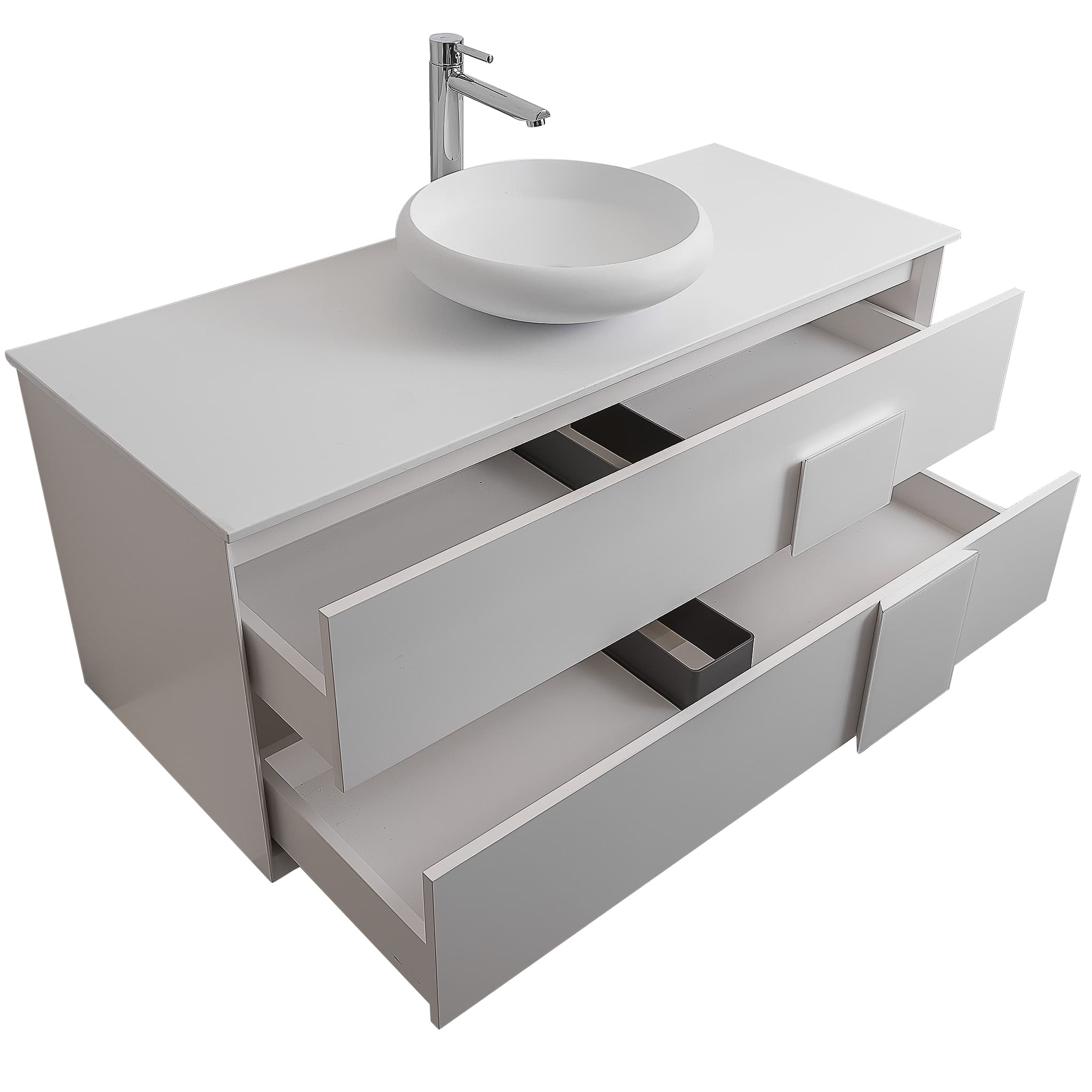 Piazza 47.5 Matte White With White Handle Cabinet, Solid Surface Flat White Counter and Round Solid Surface White Basin 1153, Wall Mounted Modern Vanity Set