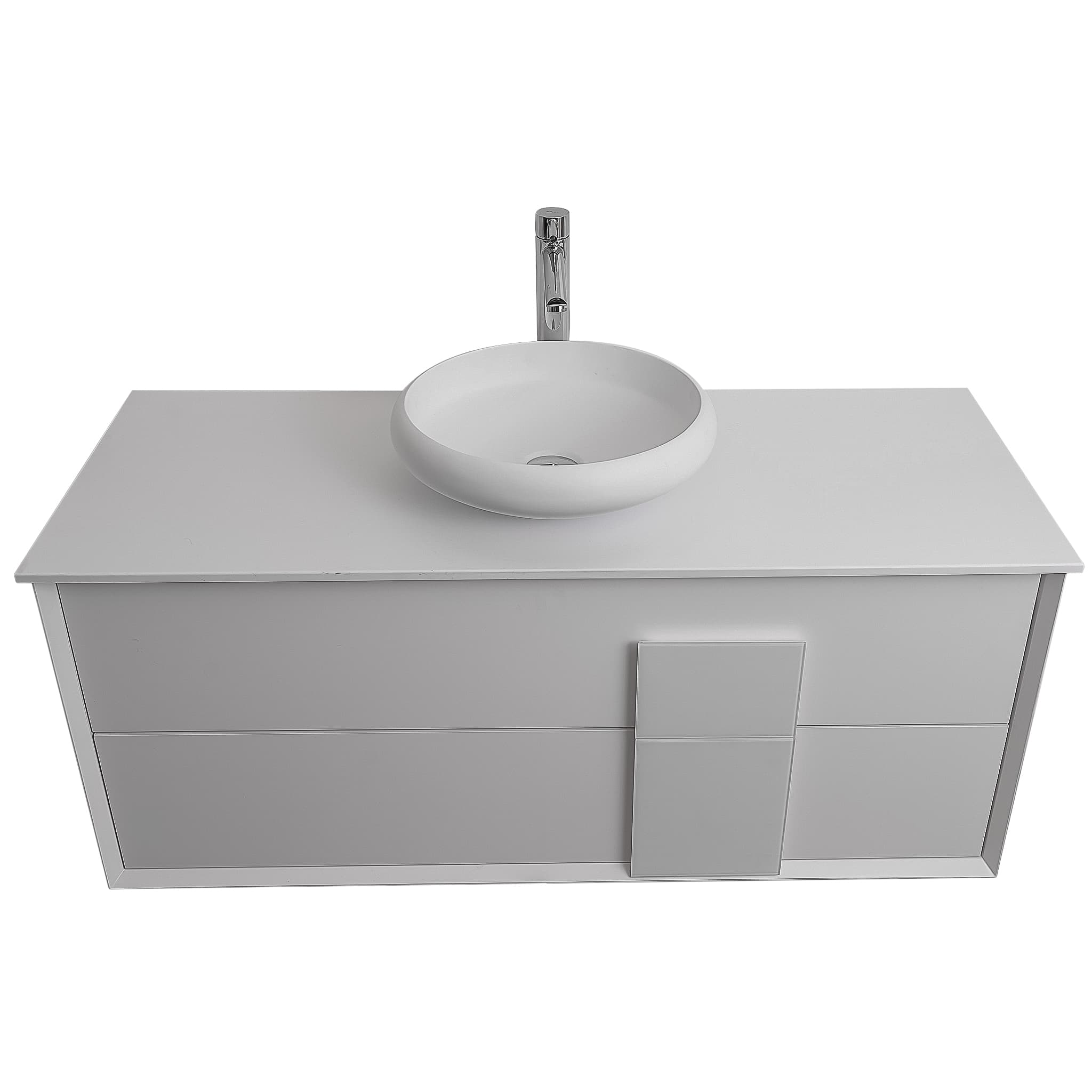 Piazza 47.5 Matte White With White Handle Cabinet, Solid Surface Flat White Counter and Round Solid Surface White Basin 1153, Wall Mounted Modern Vanity Set