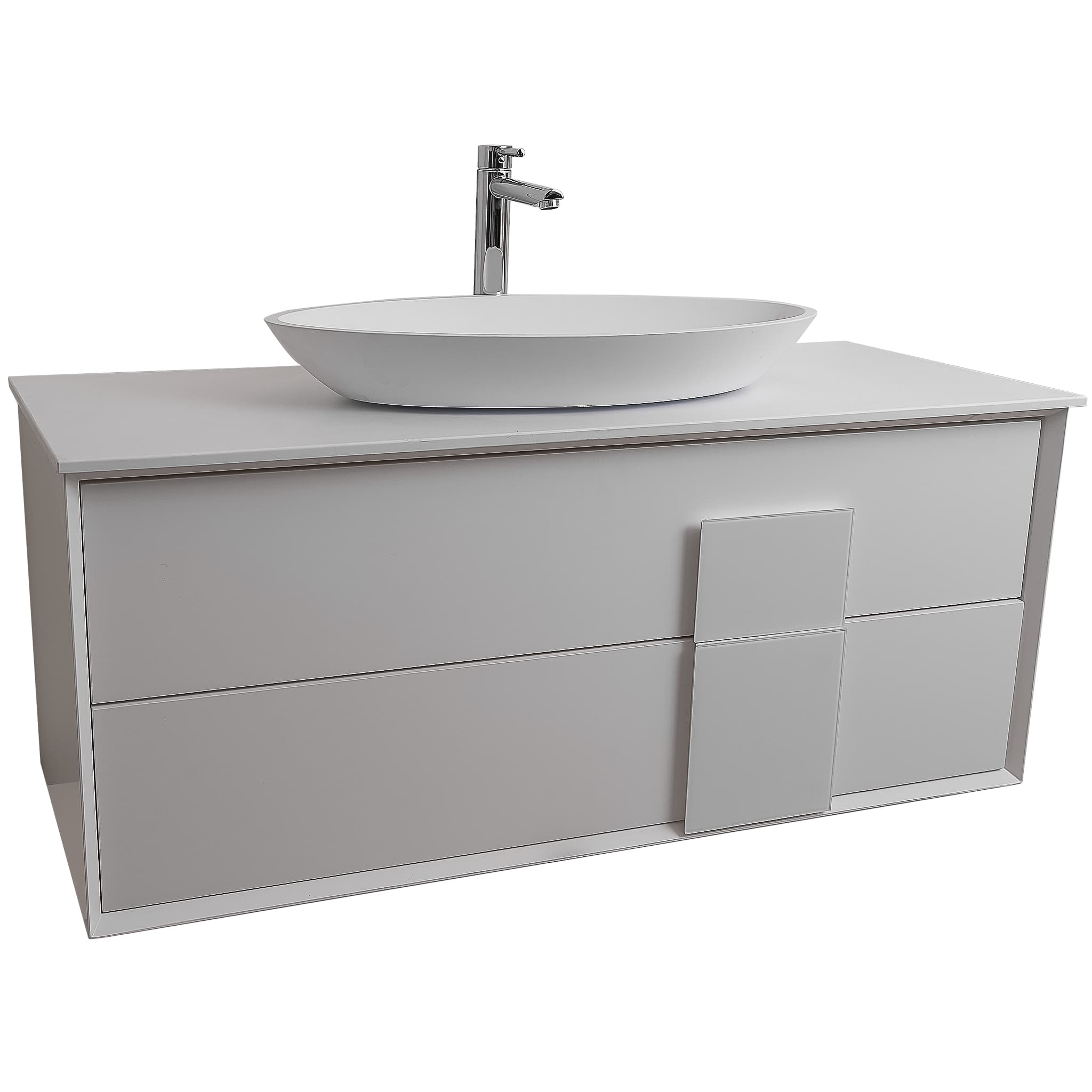Piazza 47.5 Matte White With White Handle Cabinet, Solid Surface Flat White Counter and Oval Solid Surface White Basin 1305, Wall Mounted Modern Vanity Set