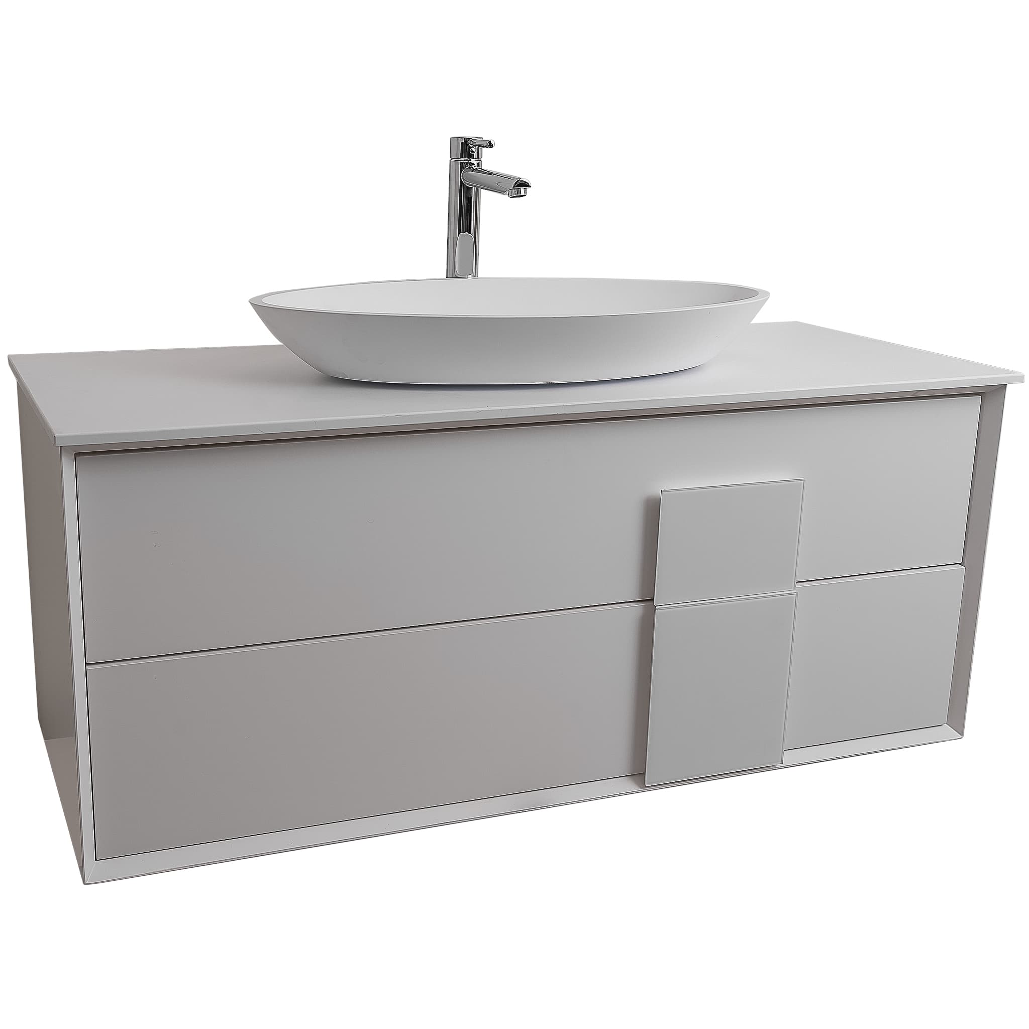 Piazza 47.5 Matte White With White Handle Cabinet, Solid Surface Flat White Counter and Oval Solid Surface White Basin 1305, Wall Mounted Modern Vanity Set 