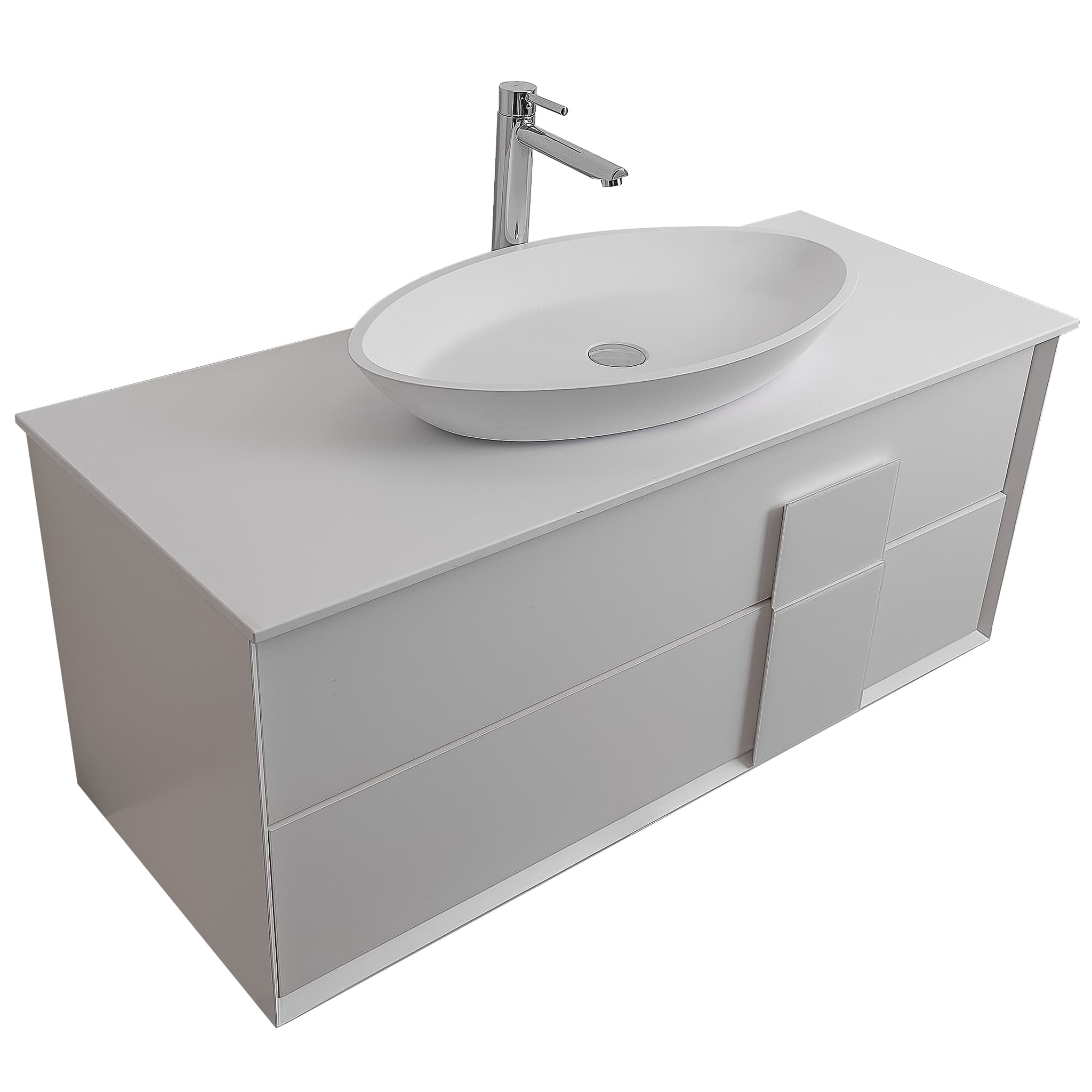 Piazza 47.5 Matte White With White Handle Cabinet, Solid Surface Flat White Counter and Oval Solid Surface White Basin 1305, Wall Mounted Modern Vanity Set 