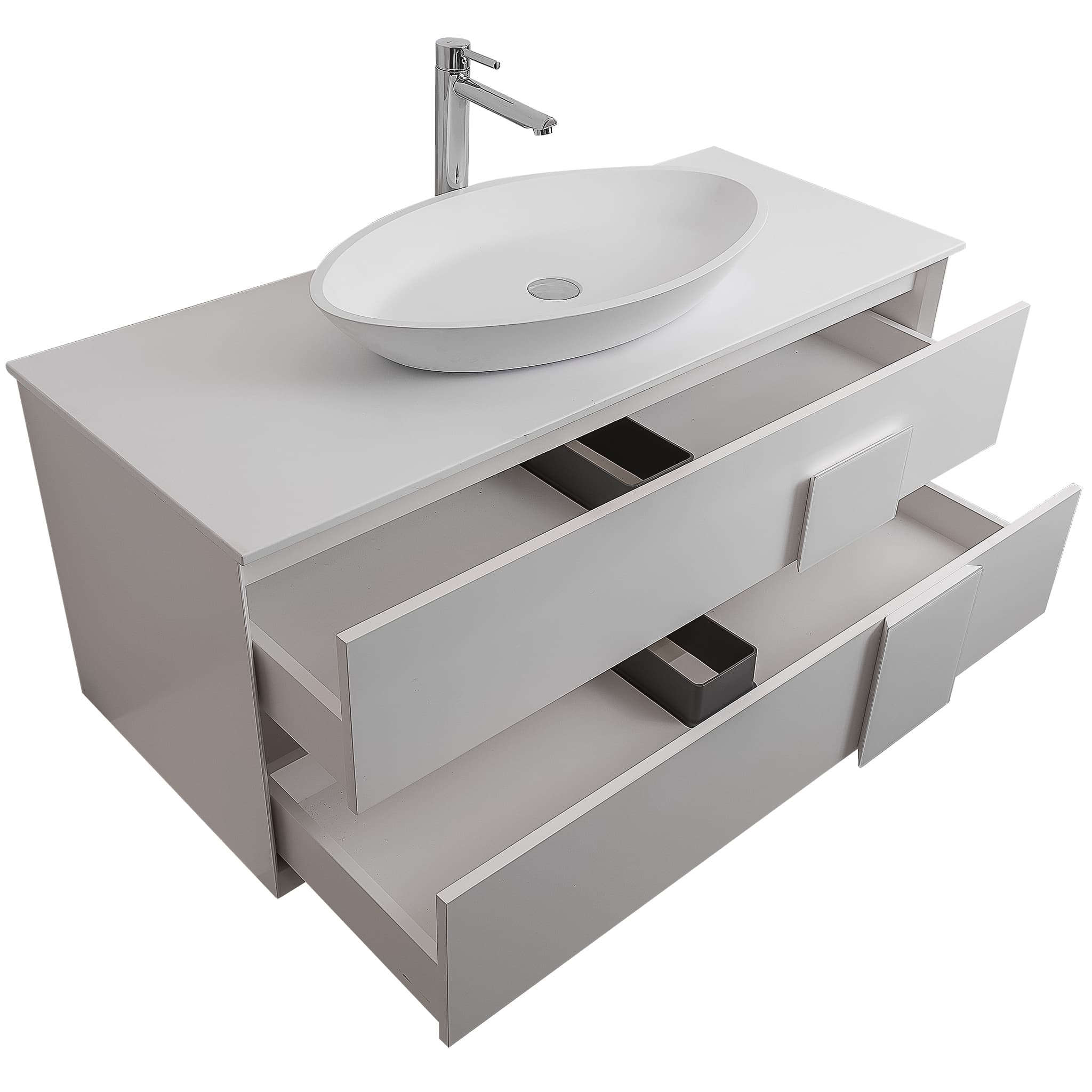 Piazza 47.5 Matte White With White Handle Cabinet, Solid Surface Flat White Counter and Oval Solid Surface White Basin 1305, Wall Mounted Modern Vanity Set 