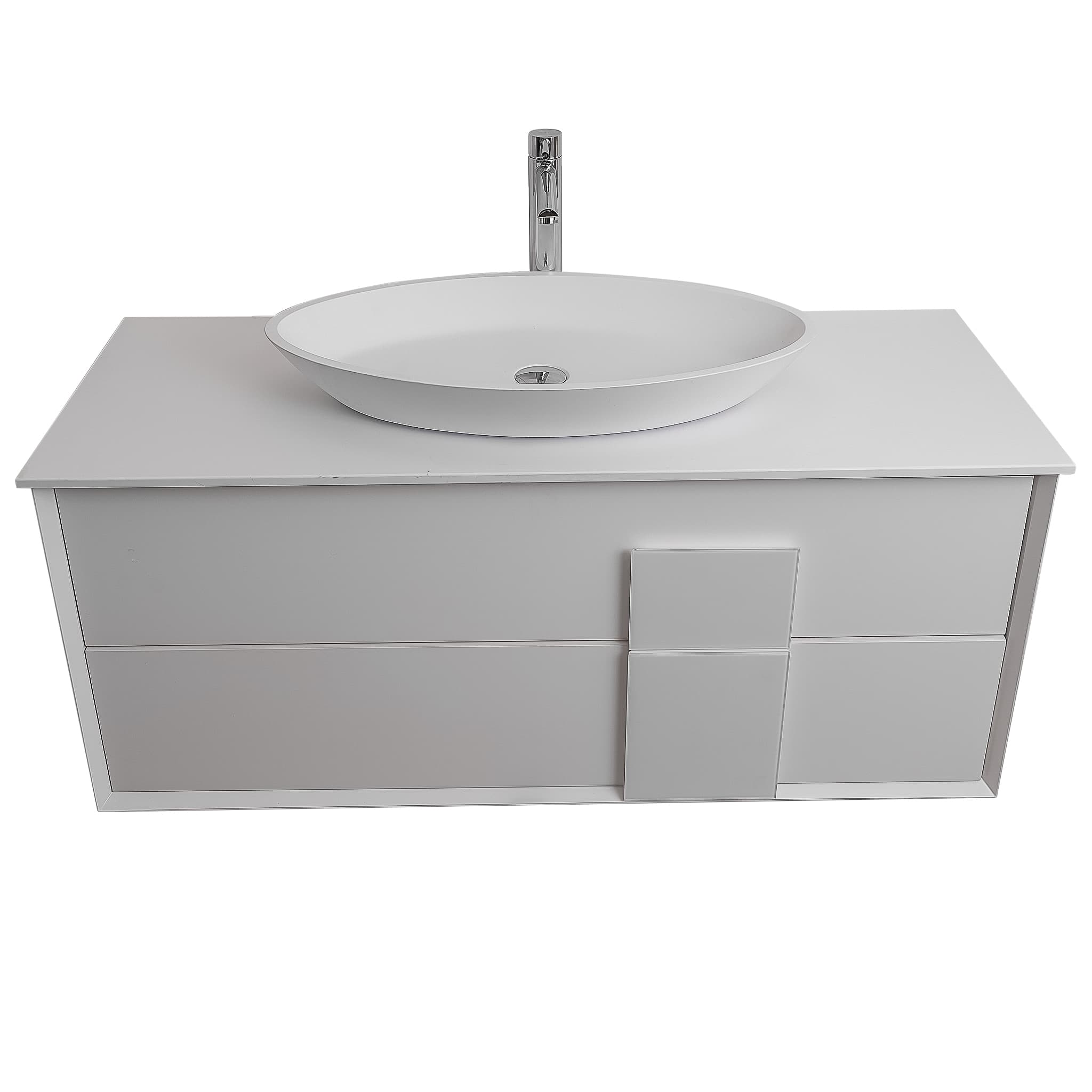 Piazza 47.5 Matte White With White Handle Cabinet, Solid Surface Flat White Counter and Oval Solid Surface White Basin 1305, Wall Mounted Modern Vanity Set 