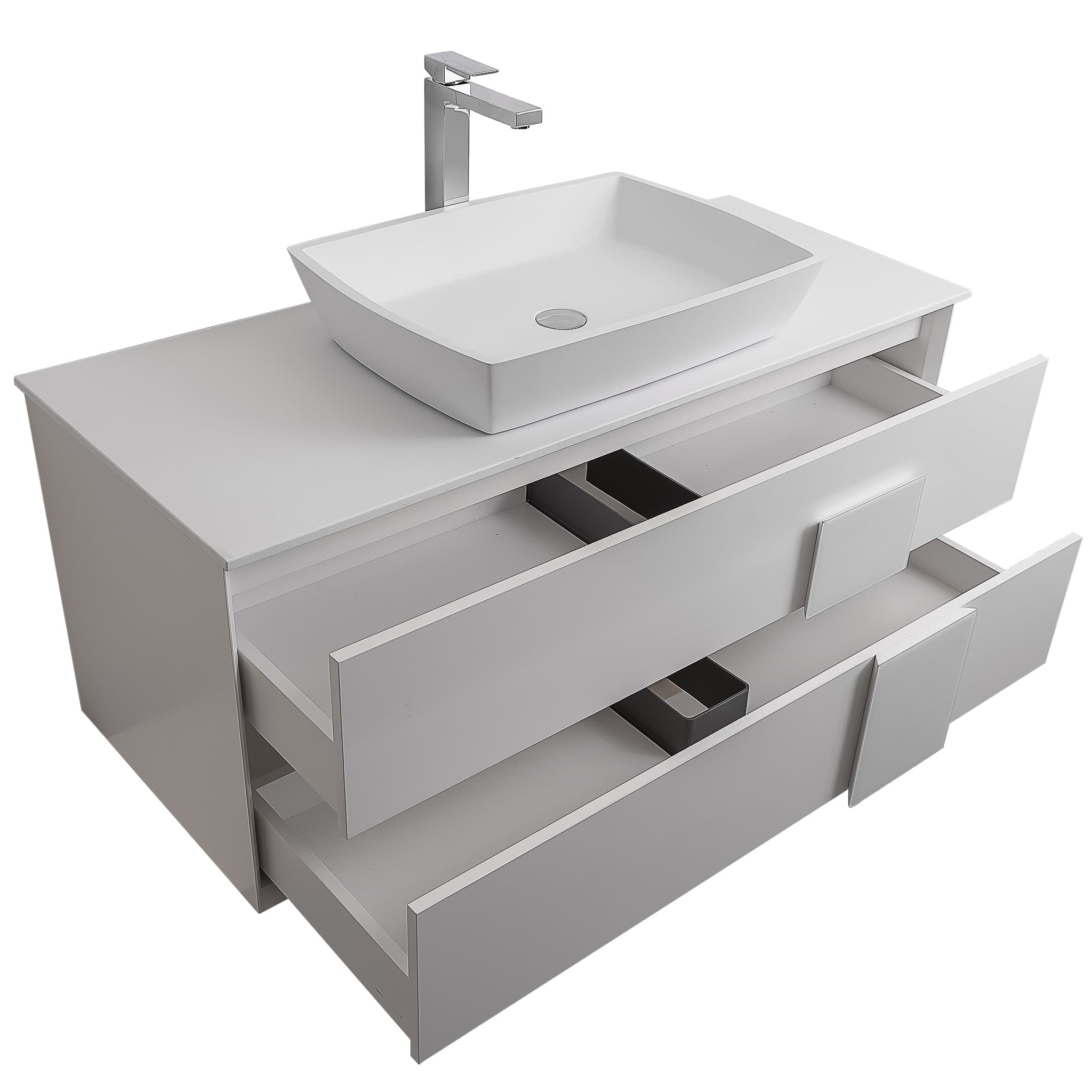 Piazza 47.5 Matte White With White Handle Cabinet, Solid Surface Flat White Counter and Square Solid Surface White Basin 1316, Wall Mounted Modern Vanity Set