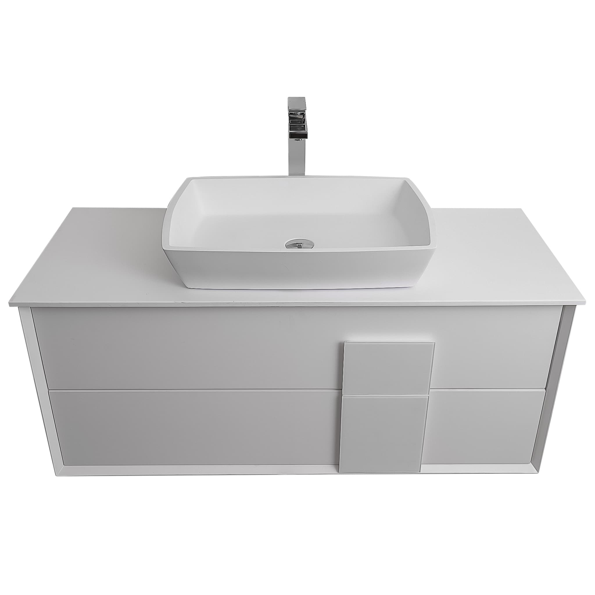 Piazza 47.5 Matte White With White Handle Cabinet, Solid Surface Flat White Counter and Square Solid Surface White Basin 1316, Wall Mounted Modern Vanity Set