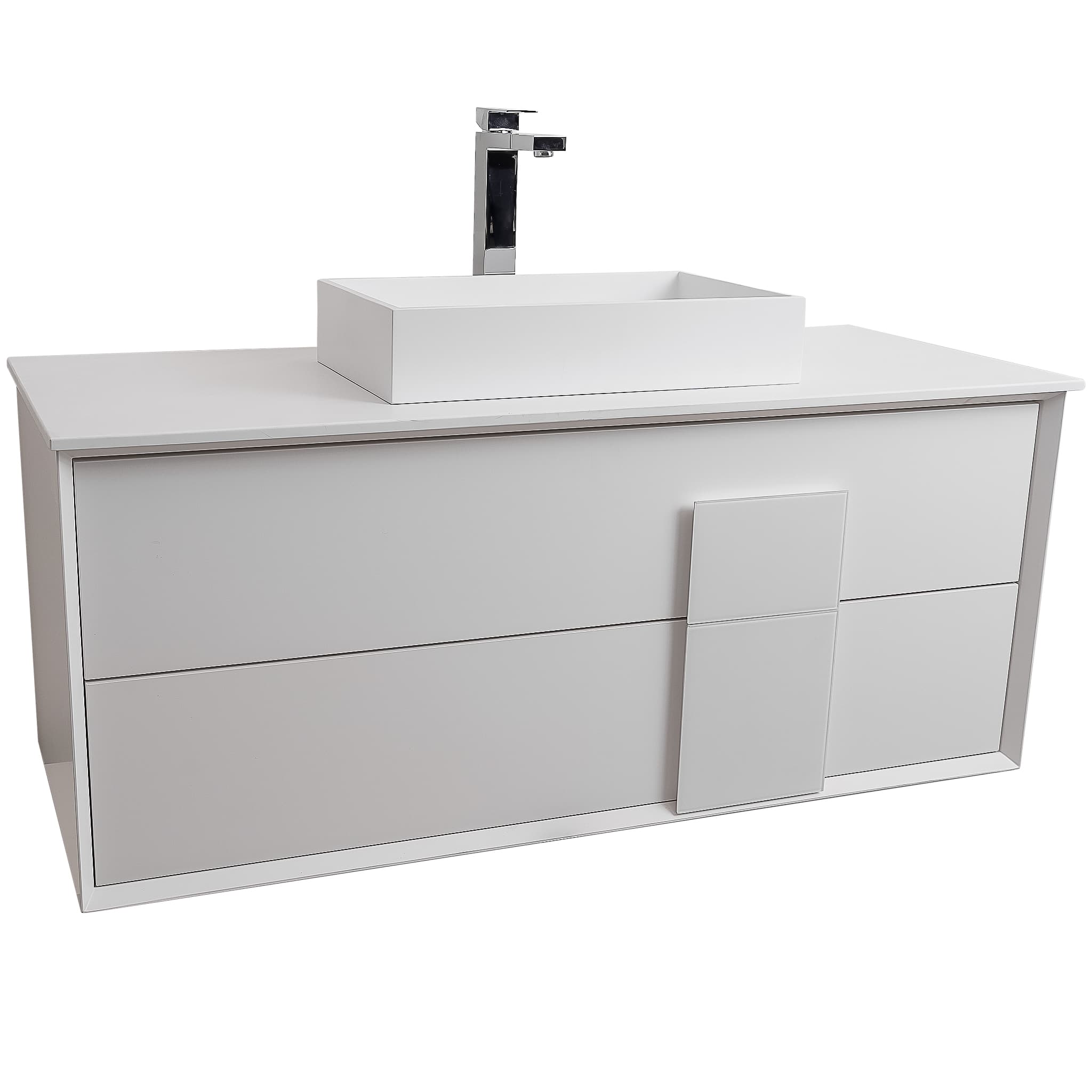 Piazza 47.5 Matte White With White Handle Cabinet, Solid Surface Flat White Counter and Infinity Square Solid Surface White Basin 1329, Wall Mounted Modern Vanity Set