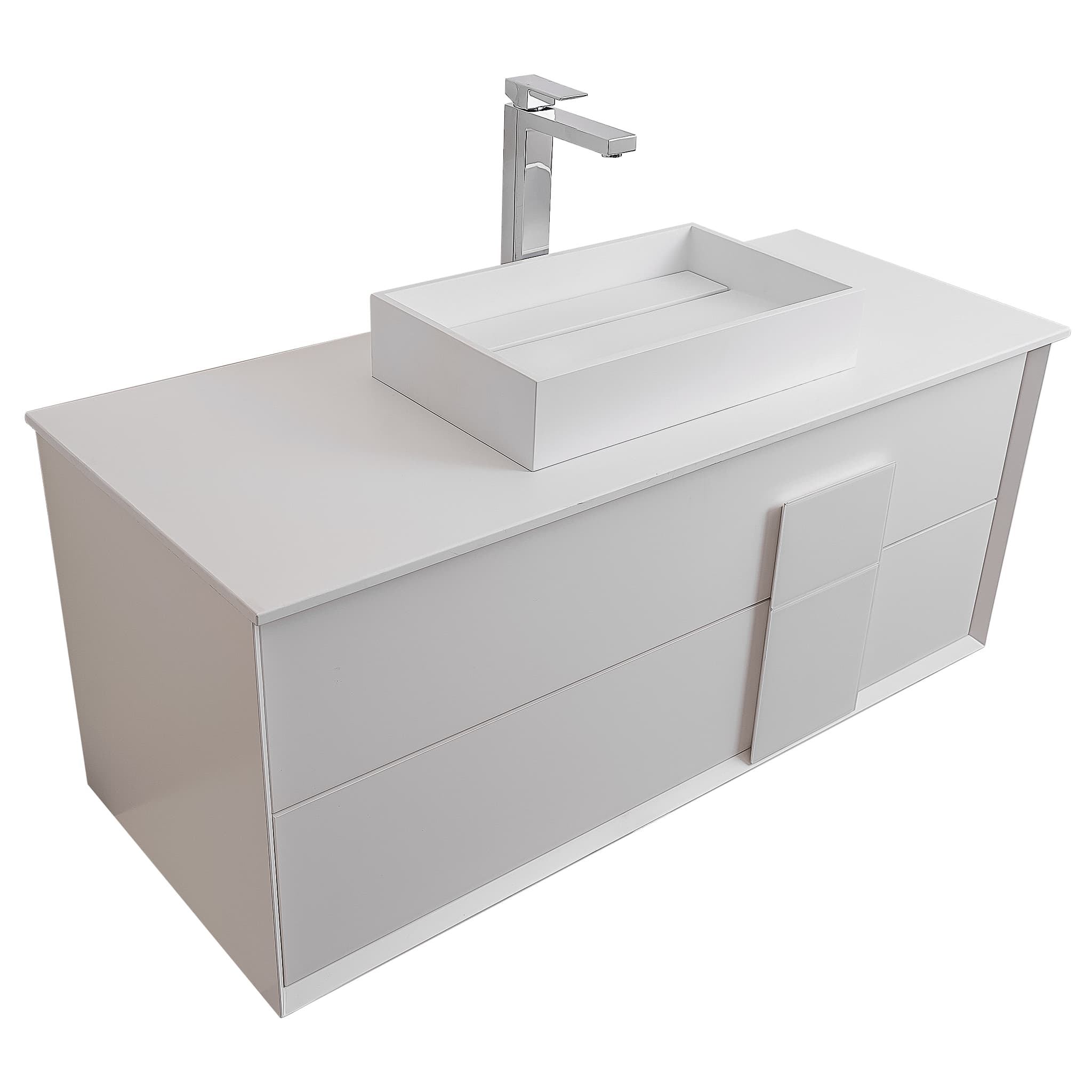 Piazza 47.5 Matte White With White Handle Cabinet, Solid Surface Flat White Counter and Infinity Square Solid Surface White Basin 1329, Wall Mounted Modern Vanity Set