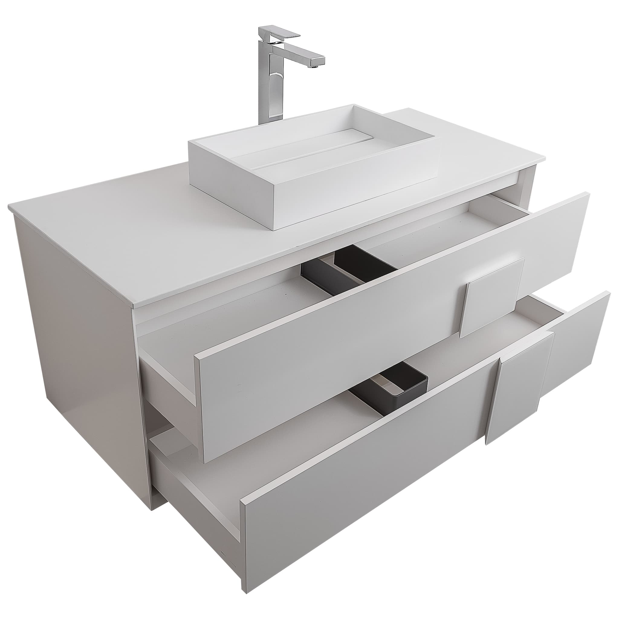 Piazza 47.5 Matte White With White Handle Cabinet, Solid Surface Flat White Counter and Infinity Square Solid Surface White Basin 1329, Wall Mounted Modern Vanity Set