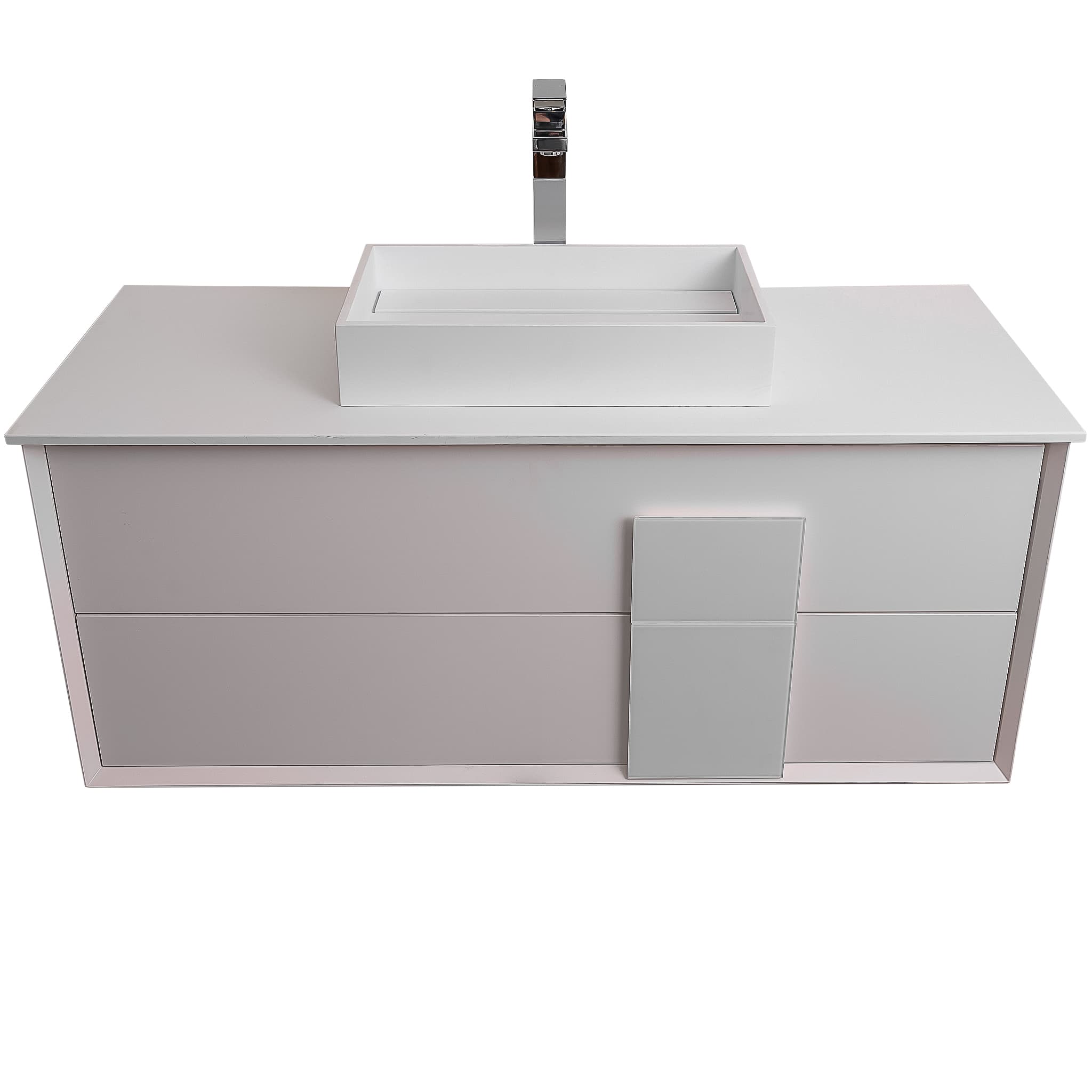 Piazza 47.5 Matte White With White Handle Cabinet, Solid Surface Flat White Counter and Infinity Square Solid Surface White Basin 1329, Wall Mounted Modern Vanity Set