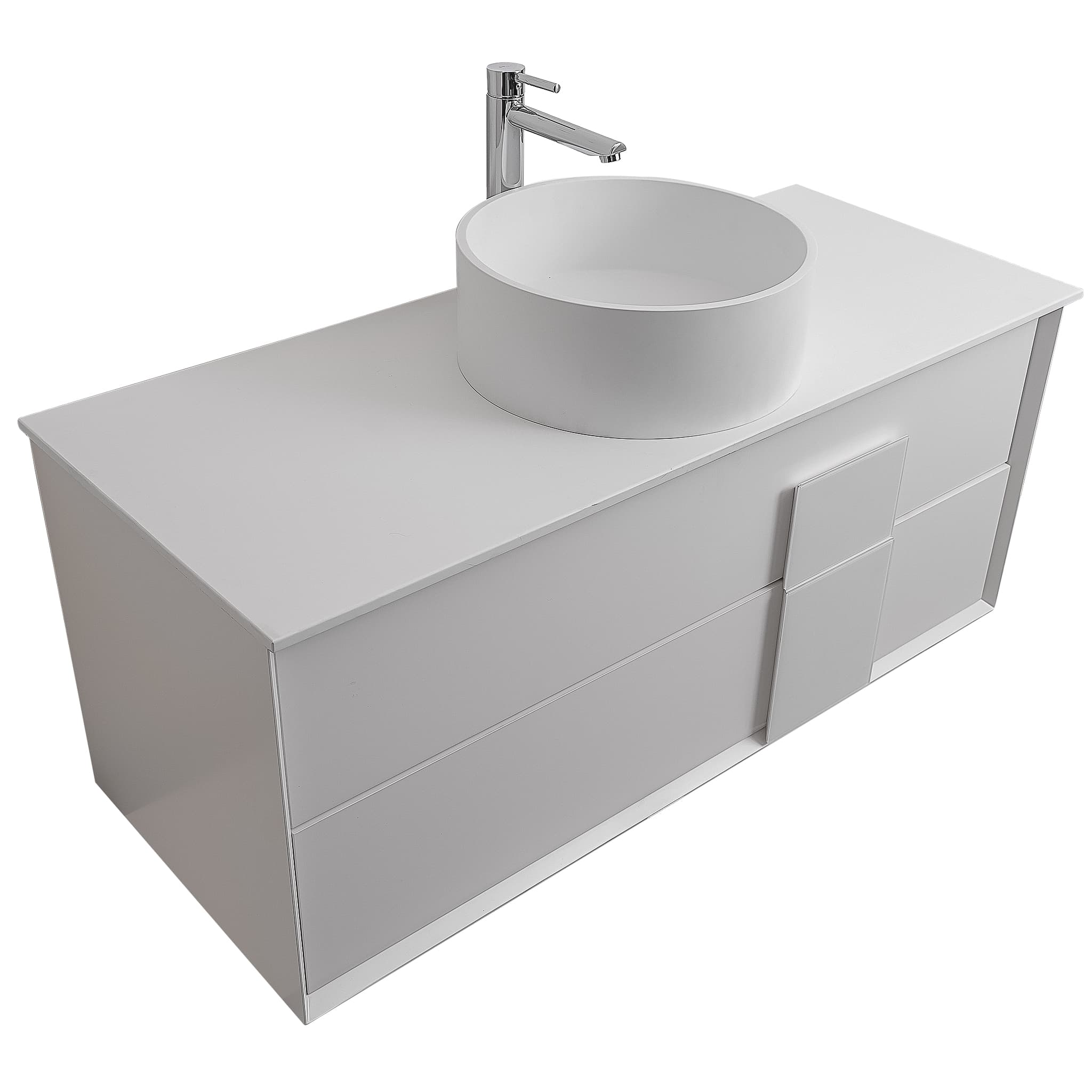 Piazza 47.5 Matte White With White Handle Cabinet, Solid Surface Flat White Counter and Round Solid Surface White Basin 1386, Wall Mounted Modern Vanity Set