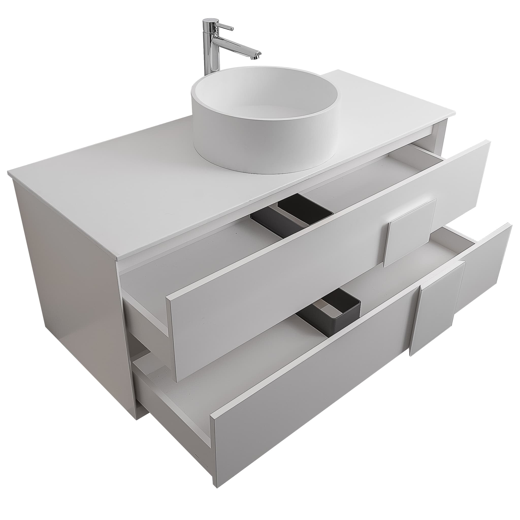 Piazza 47.5 Matte White With White Handle Cabinet, Solid Surface Flat White Counter and Round Solid Surface White Basin 1386, Wall Mounted Modern Vanity Set