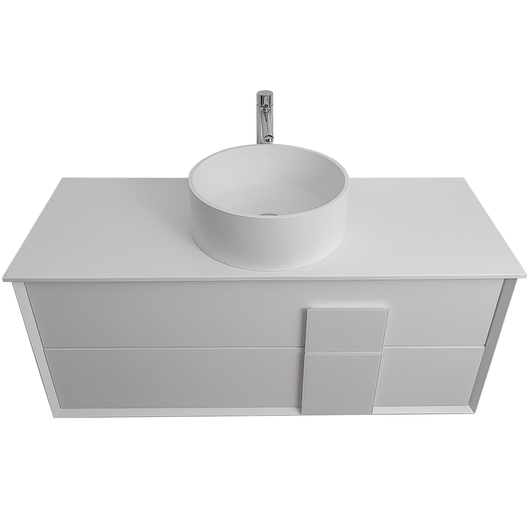 Piazza 47.5 Matte White With White Handle Cabinet, Solid Surface Flat White Counter and Round Solid Surface White Basin 1386, Wall Mounted Modern Vanity Set