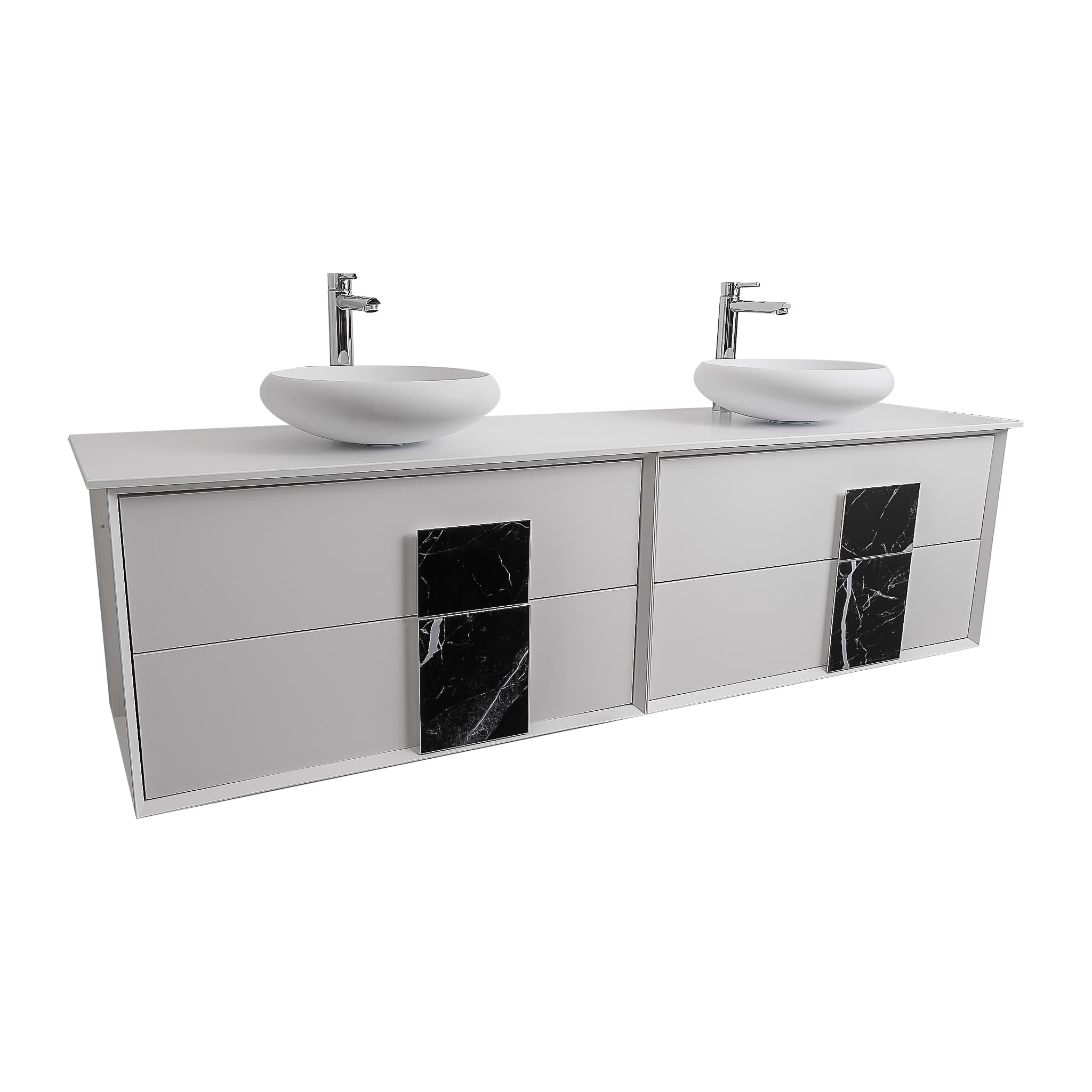 Piazza 63 Matte White With Black Marble Handle Cabinet, Solid Surface Flat White Counter and Two Round Solid Surface White Basin 1153, Wall Mounted Modern Vanity Set