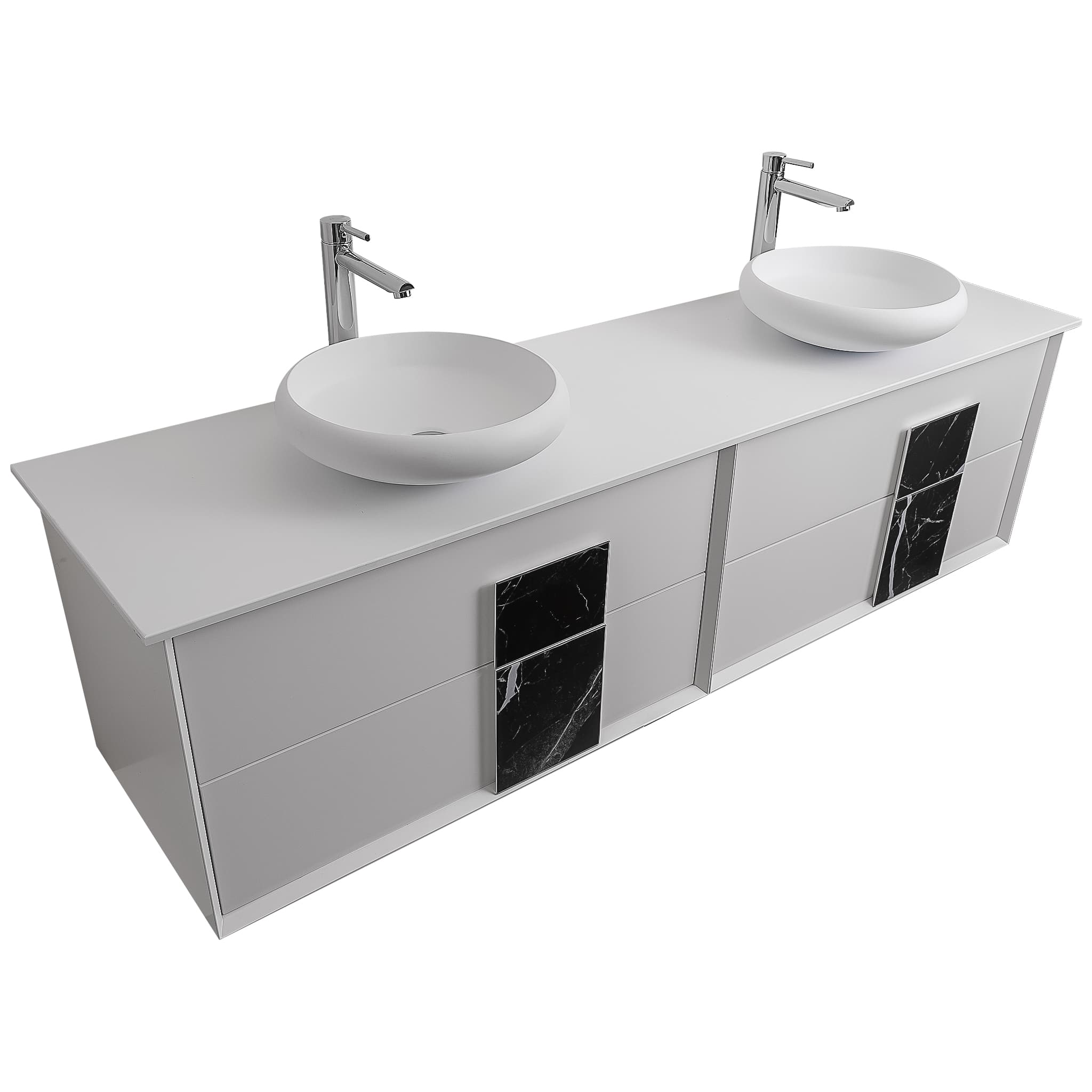 Piazza 63 Matte White With Black Marble Handle Cabinet, Solid Surface Flat White Counter and Two Round Solid Surface White Basin 1153, Wall Mounted Modern Vanity Set