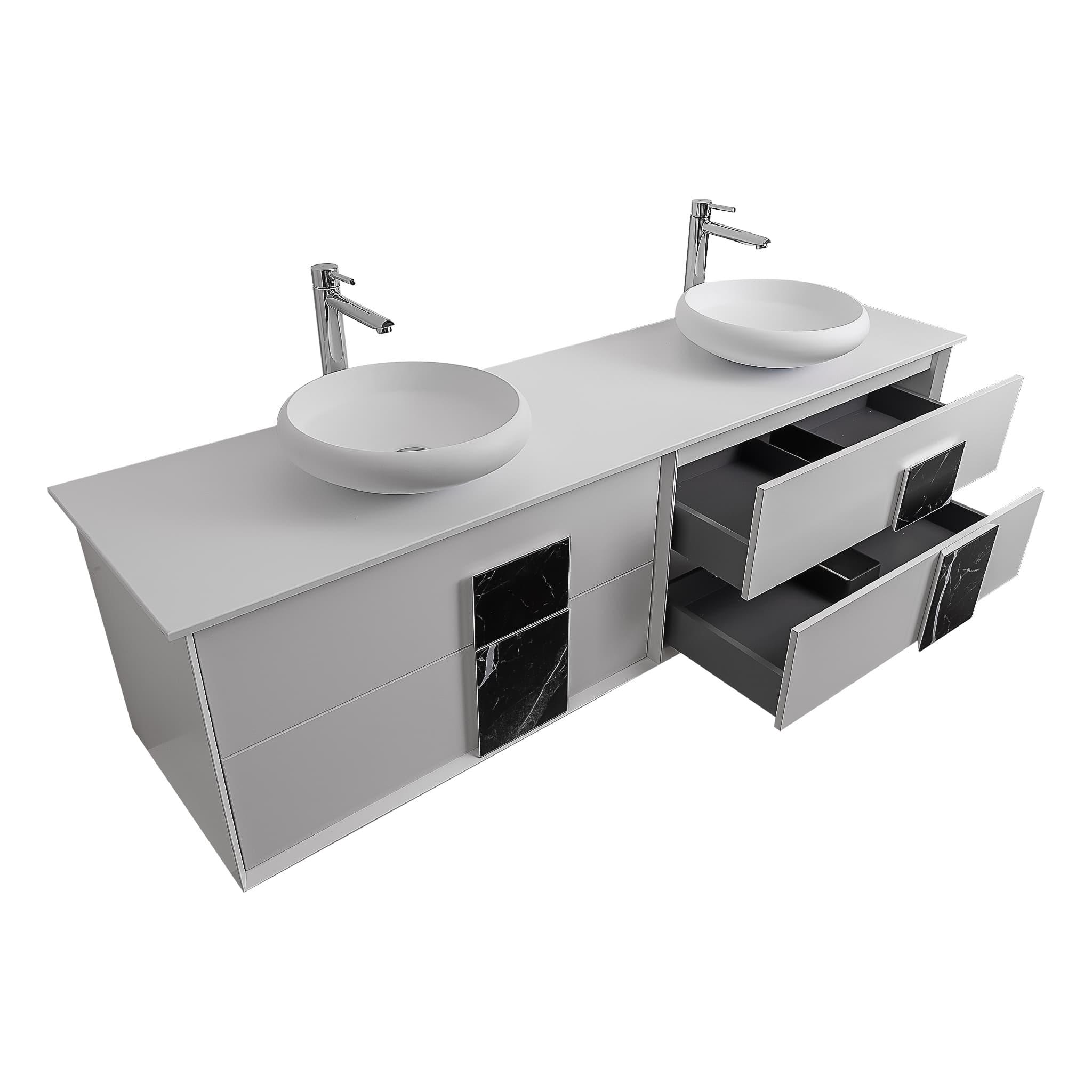 Piazza 63 Matte White With Black Marble Handle Cabinet, Solid Surface Flat White Counter and Two Round Solid Surface White Basin 1153, Wall Mounted Modern Vanity Set