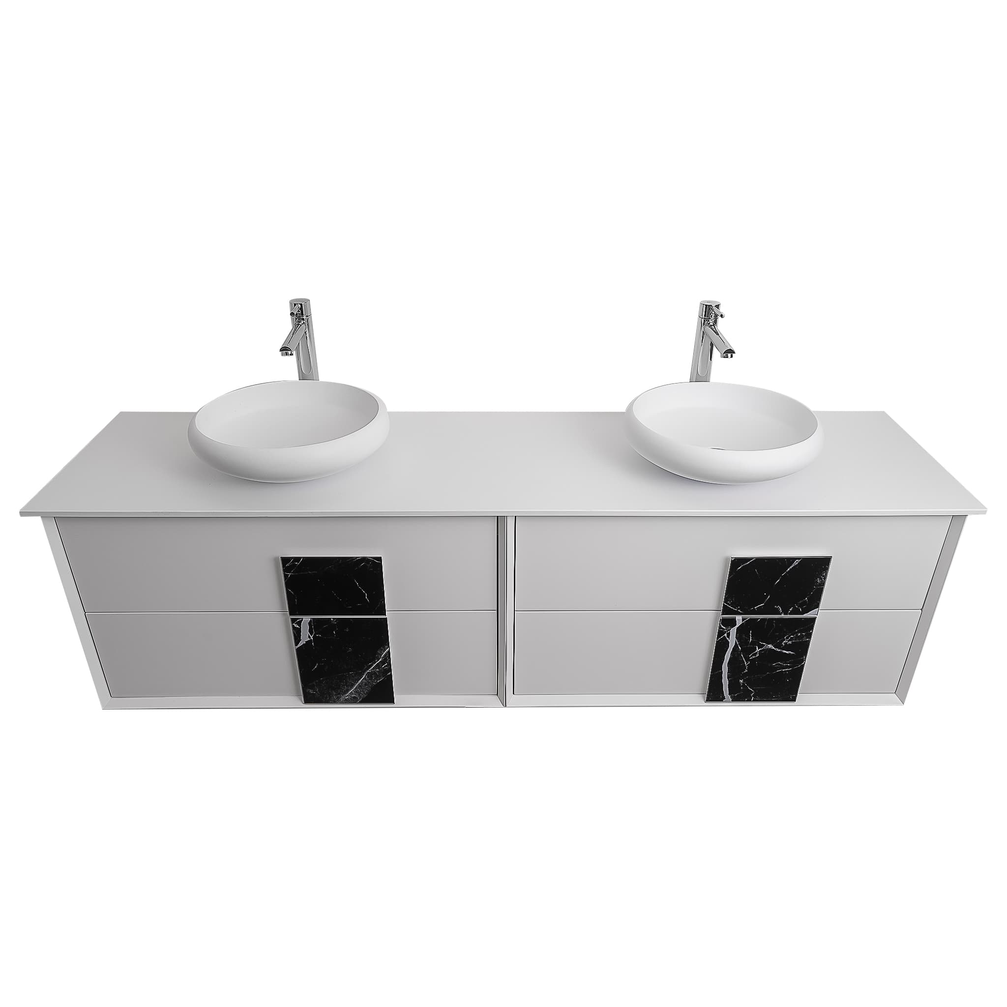 Piazza 63 Matte White With Black Marble Handle Cabinet, Solid Surface Flat White Counter and Two Round Solid Surface White Basin 1153, Wall Mounted Modern Vanity Set