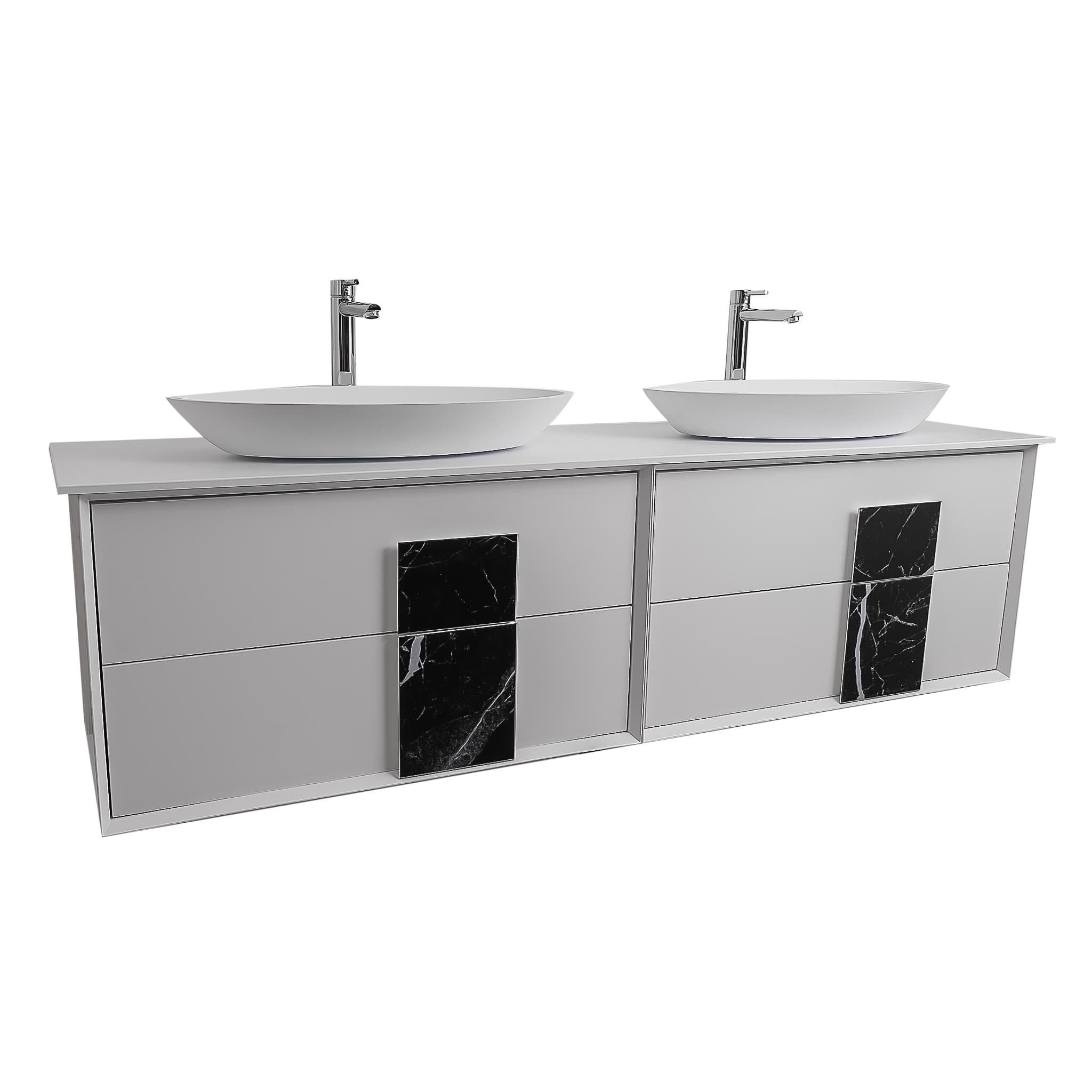 Piazza 63 Matte White With Black Marble Handle Cabinet, Solid Surface Flat White Counter and Two Oval Solid Surface White Basin 1305, Wall Mounted Modern Vanity Set