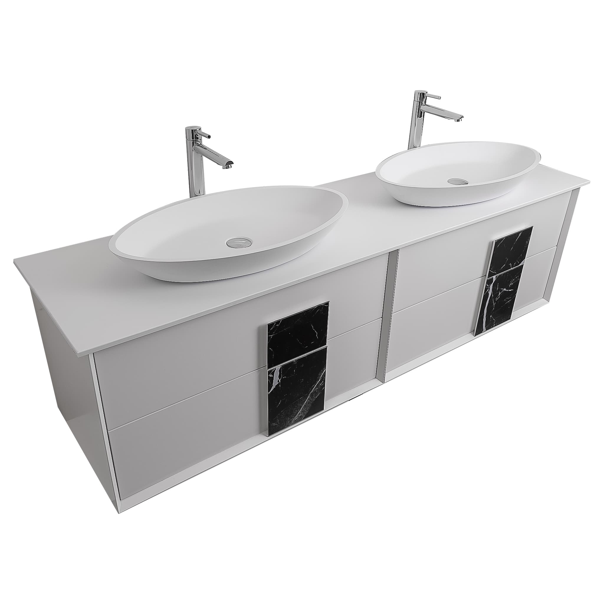 Piazza 63 Matte White With Black Marble Handle Cabinet, Solid Surface Flat White Counter and Two Oval Solid Surface White Basin 1305, Wall Mounted Modern Vanity Set