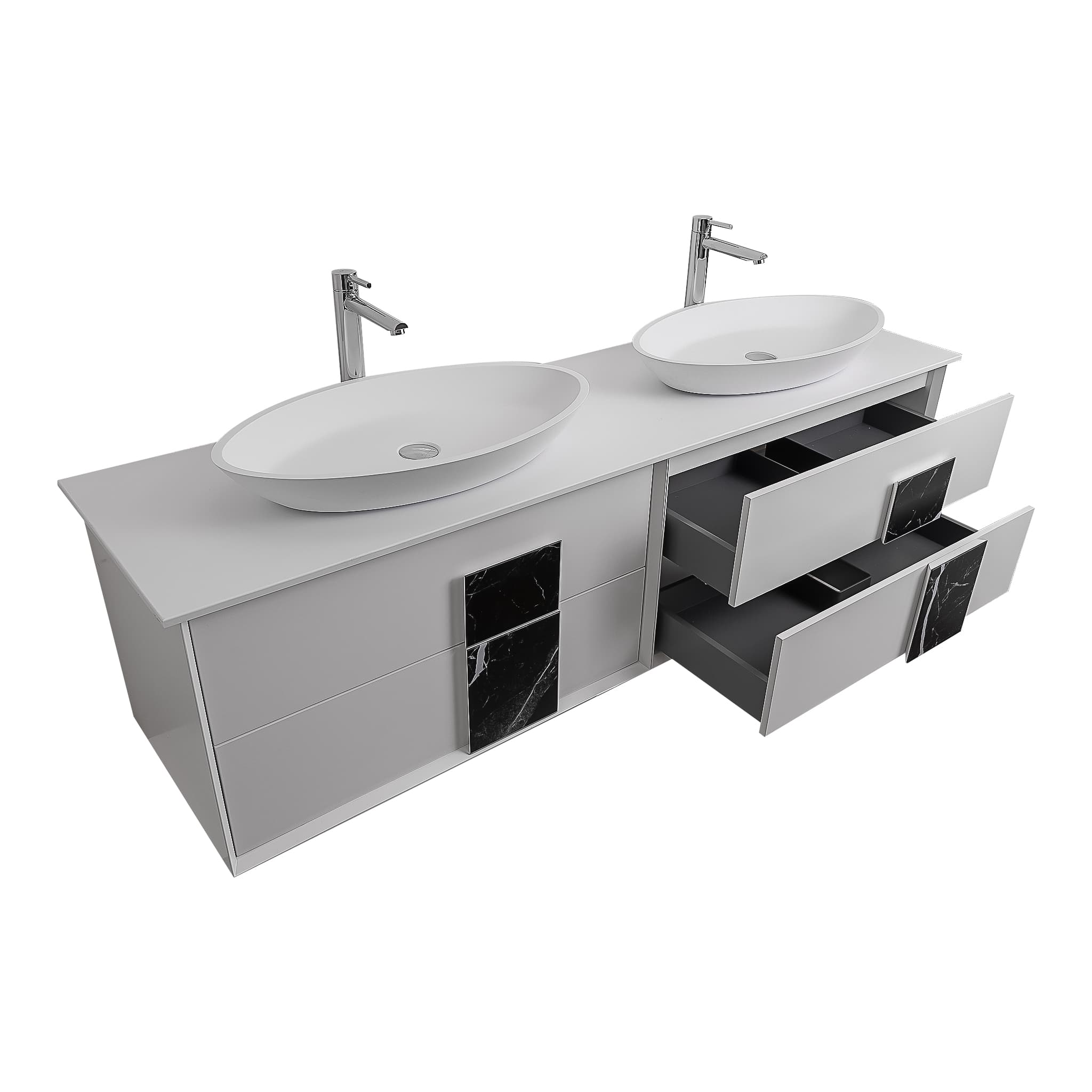Piazza 63 Matte White With Black Marble Handle Cabinet, Solid Surface Flat White Counter and Two Oval Solid Surface White Basin 1305, Wall Mounted Modern Vanity Set