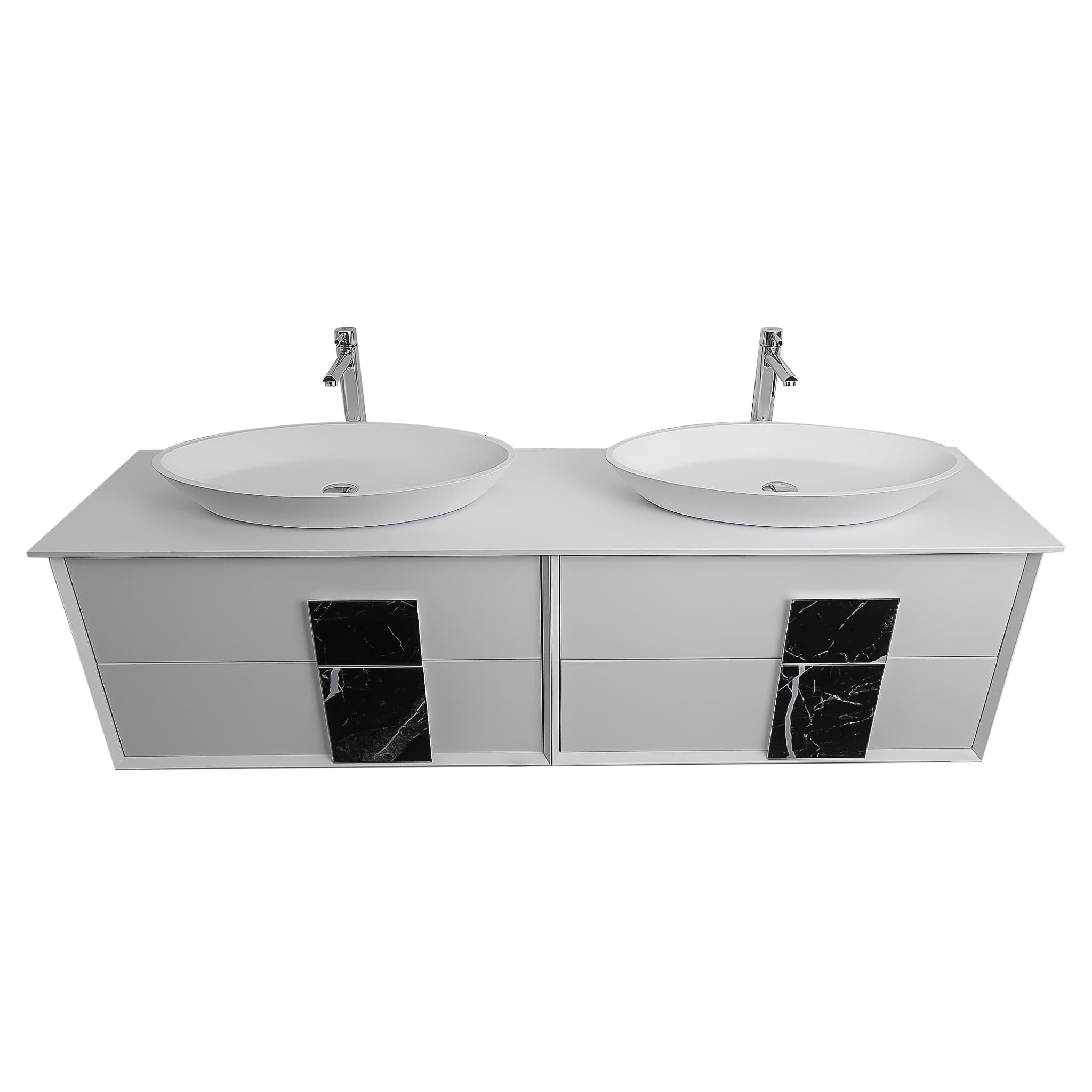 Piazza 63 Matte White With Black Marble Handle Cabinet, Solid Surface Flat White Counter and Two Oval Solid Surface White Basin 1305, Wall Mounted Modern Vanity Set