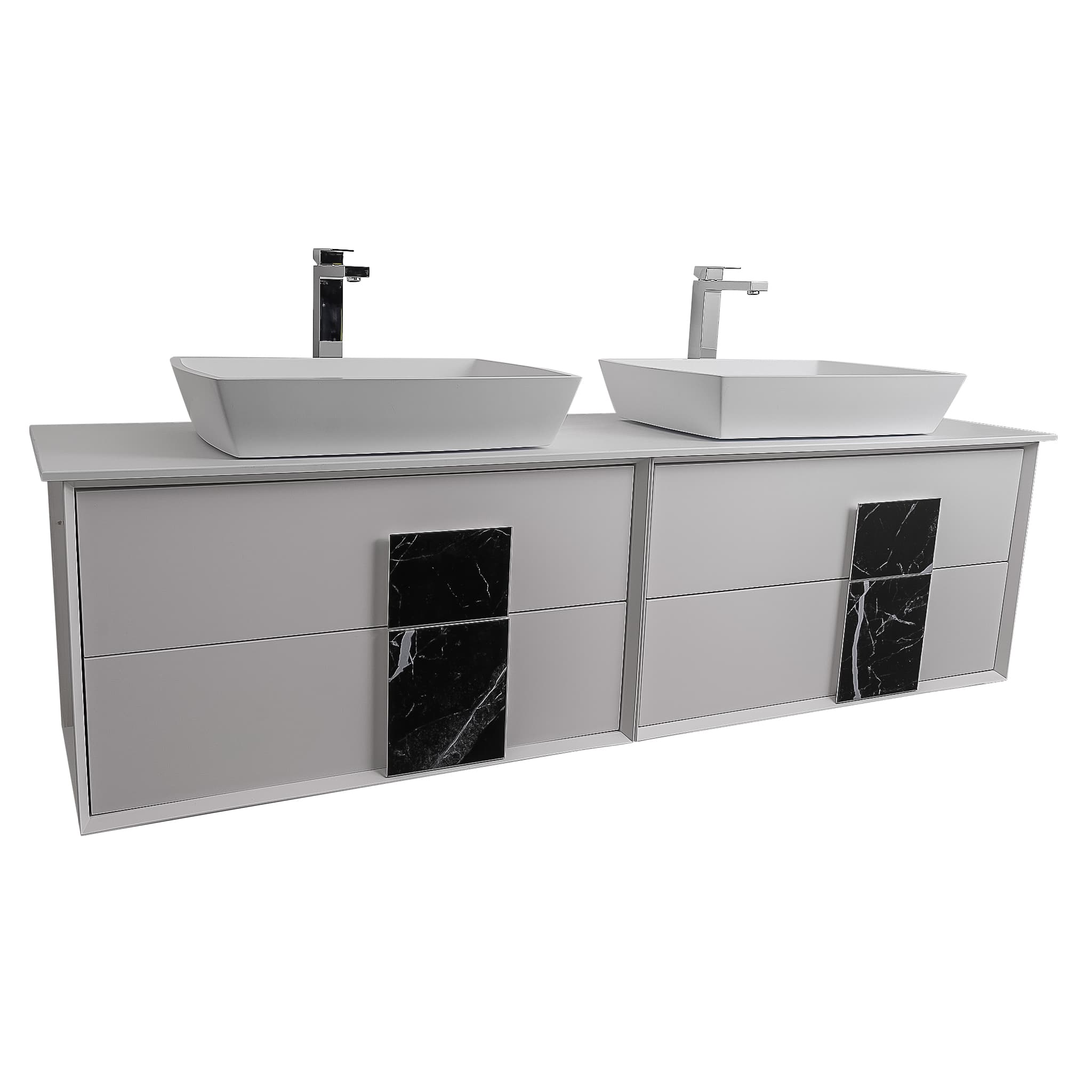 Piazza 63 Matte White With Black Marble Handle Cabinet, Solid Surface Flat White Counter and Two Square Solid Surface White Basin 1316, Wall Mounted Modern Vanity Set