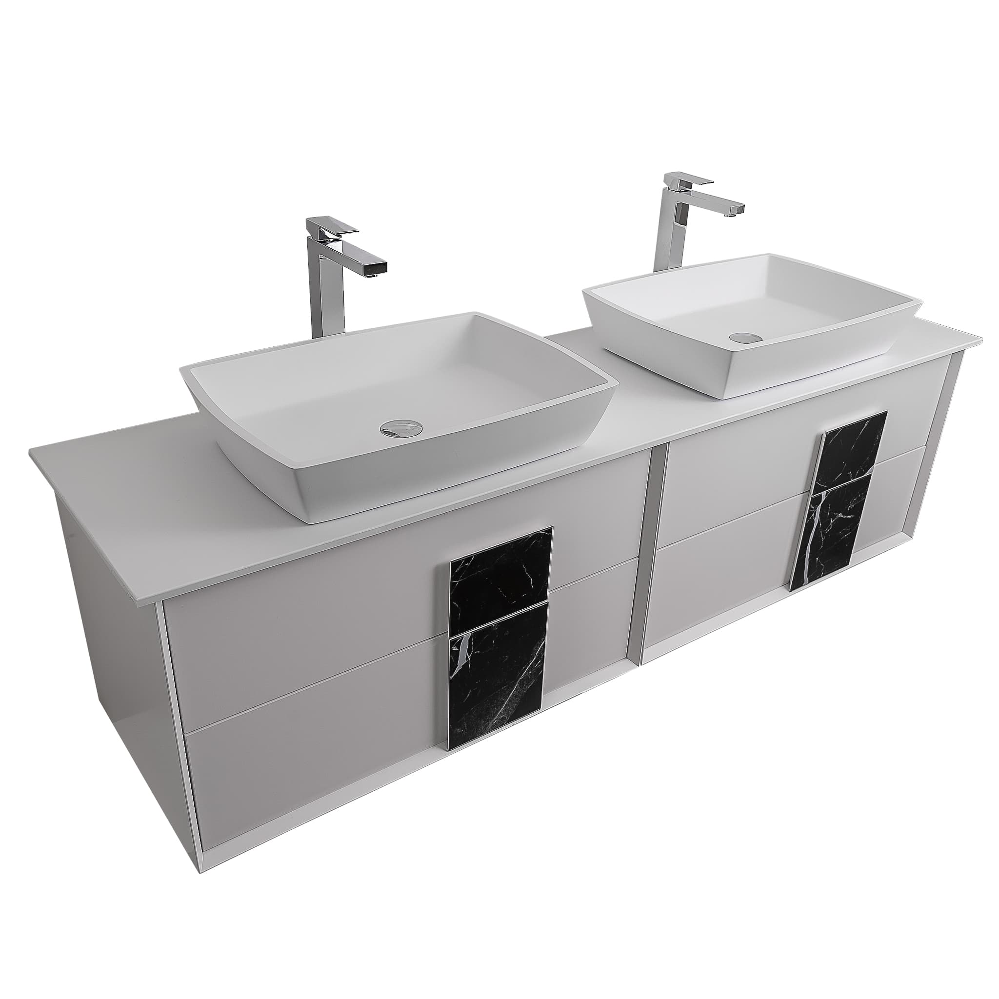 Piazza 63 Matte White With Black Marble Handle Cabinet, Solid Surface Flat White Counter and Two Square Solid Surface White Basin 1316, Wall Mounted Modern Vanity Set