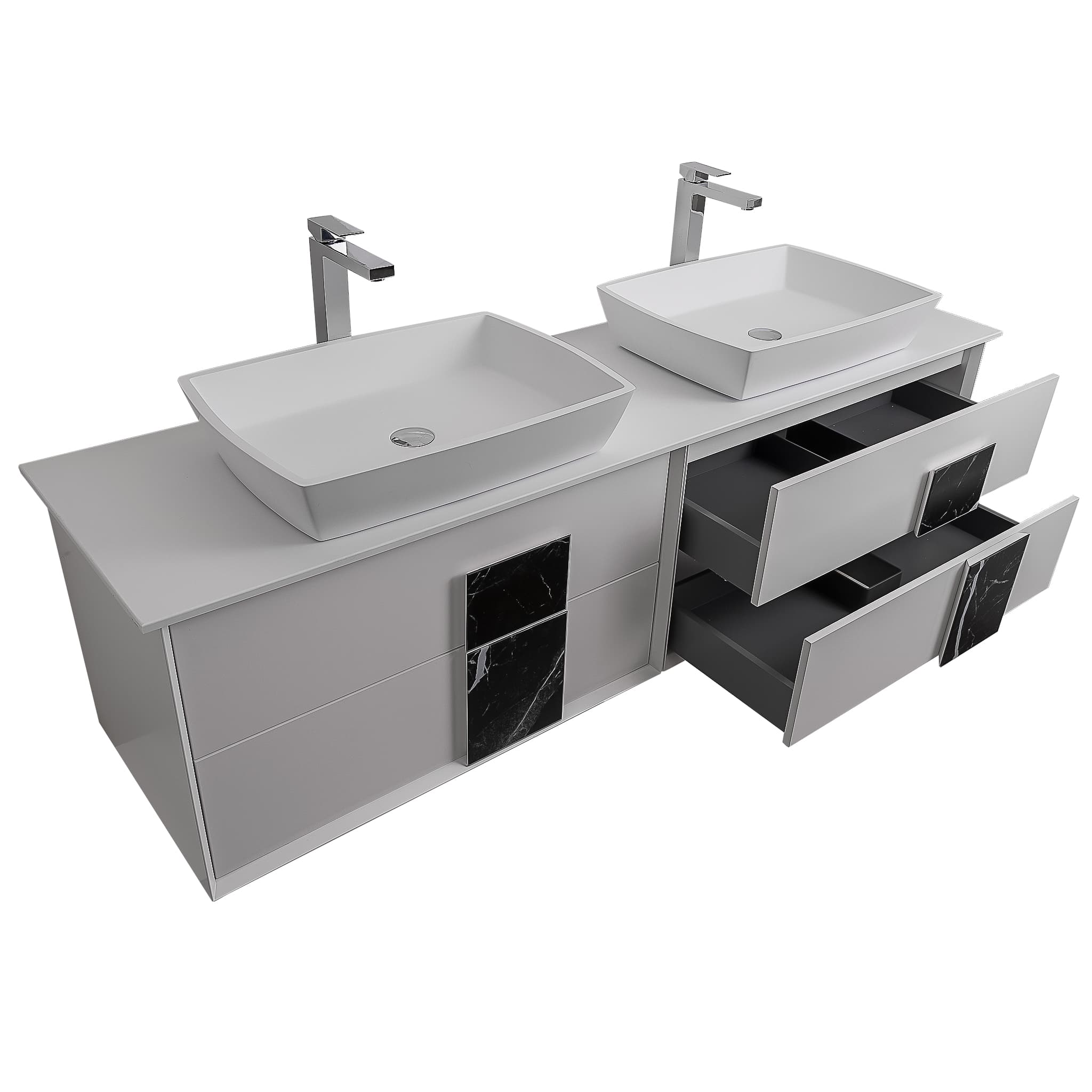 Piazza 63 Matte White With Black Marble Handle Cabinet, Solid Surface Flat White Counter and Two Square Solid Surface White Basin 1316, Wall Mounted Modern Vanity Set