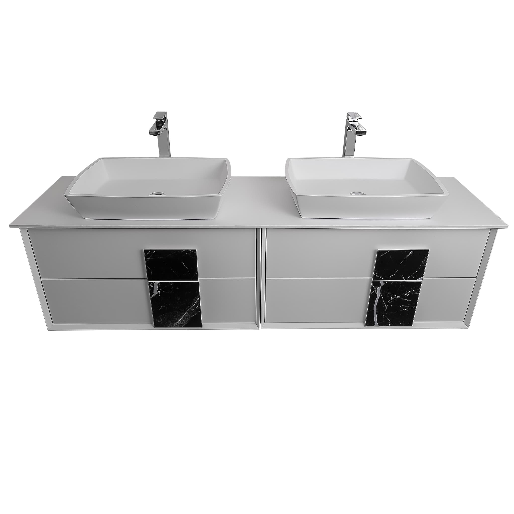 Piazza 63 Matte White With Black Marble Handle Cabinet, Solid Surface Flat White Counter and Two Square Solid Surface White Basin 1316, Wall Mounted Modern Vanity Set