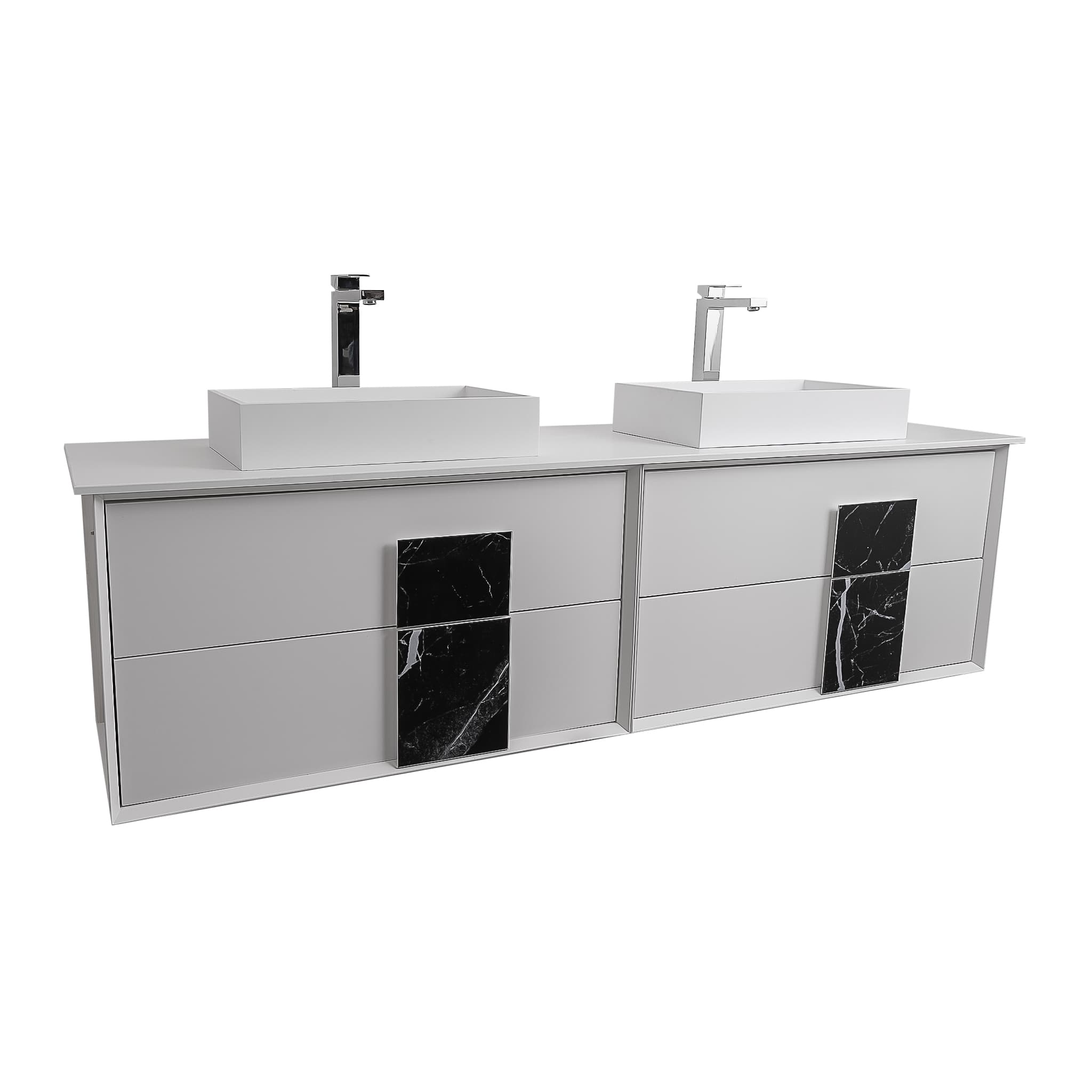 Piazza 63 Matte White With Black Marble Handle Cabinet, Solid Surface Flat White Counter and Two Infinity Square Solid Surface White Basin 1329, Wall Mounted Modern Vanity Set