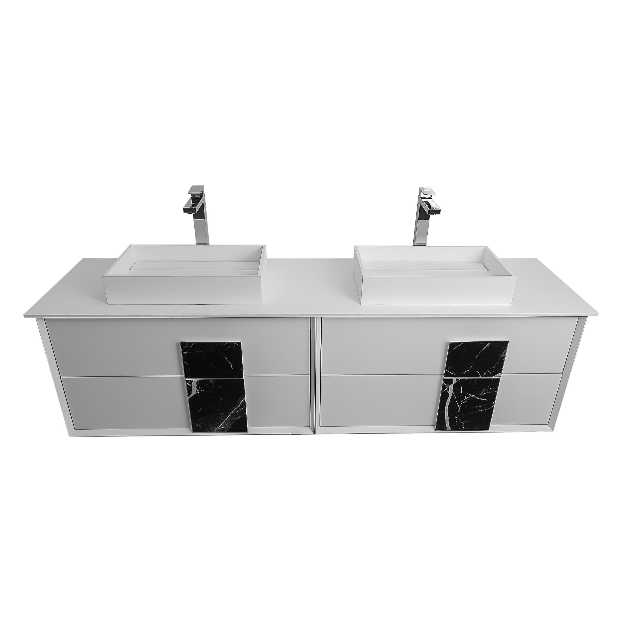 Piazza 63 Matte White With Black Marble Handle Cabinet, Solid Surface Flat White Counter and Two Infinity Square Solid Surface White Basin 1329, Wall Mounted Modern Vanity Set
