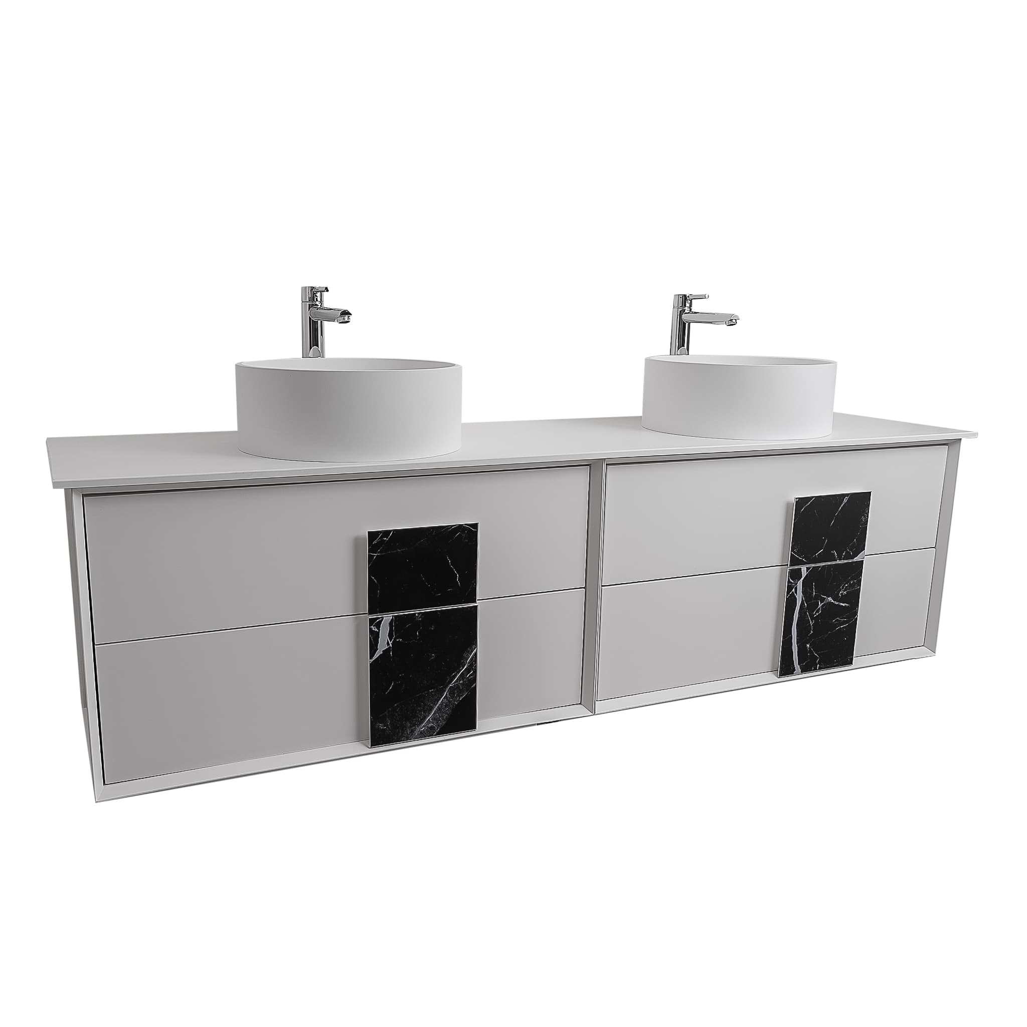 Piazza 63 Matte White With Black Marble Handle Cabinet, Solid Surface Flat White Counter and Two Round Solid Surface White Basin 1386, Wall Mounted Modern Vanity Set