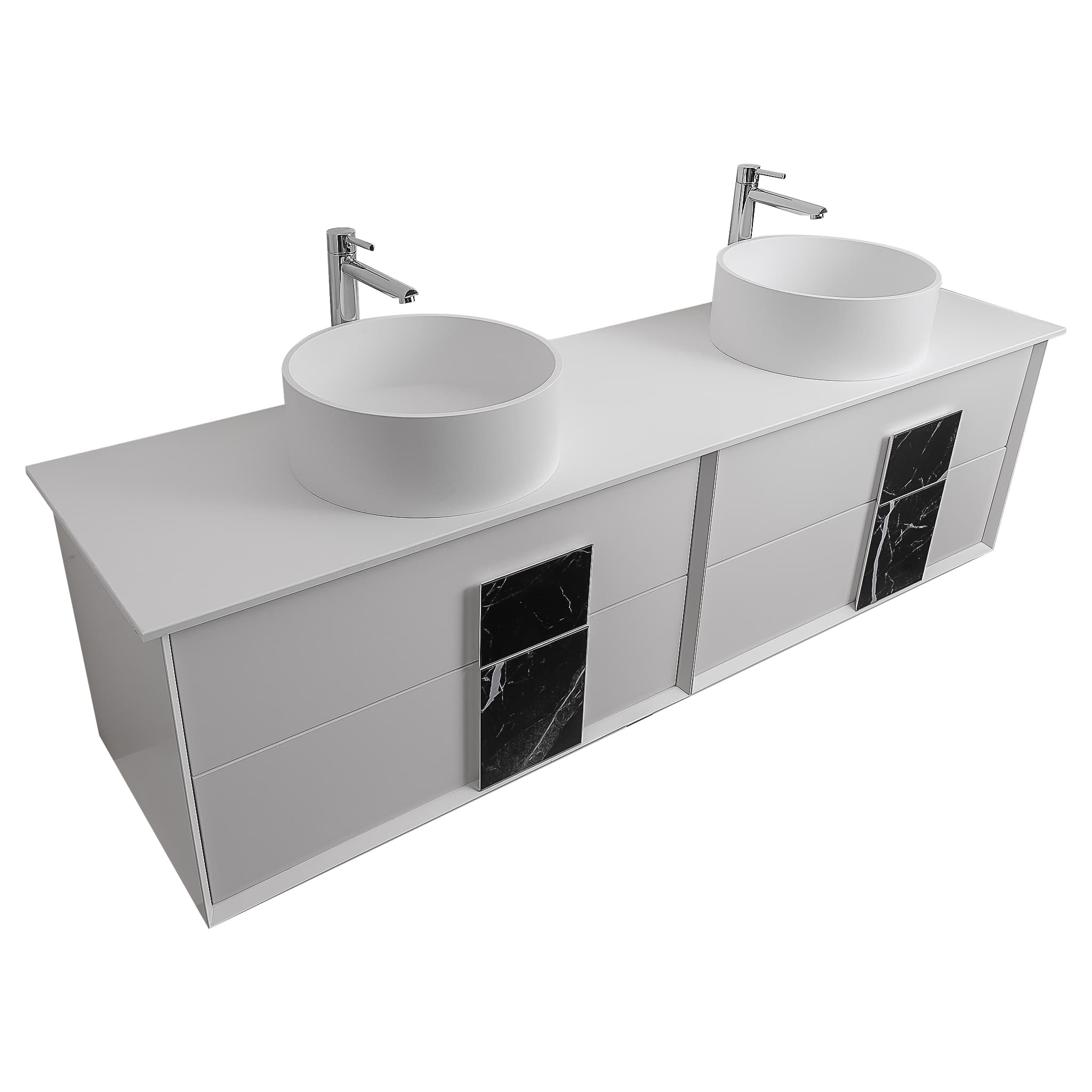 Piazza 63 Matte White With Black Marble Handle Cabinet, Solid Surface Flat White Counter and Two Round Solid Surface White Basin 1386, Wall Mounted Modern Vanity Set