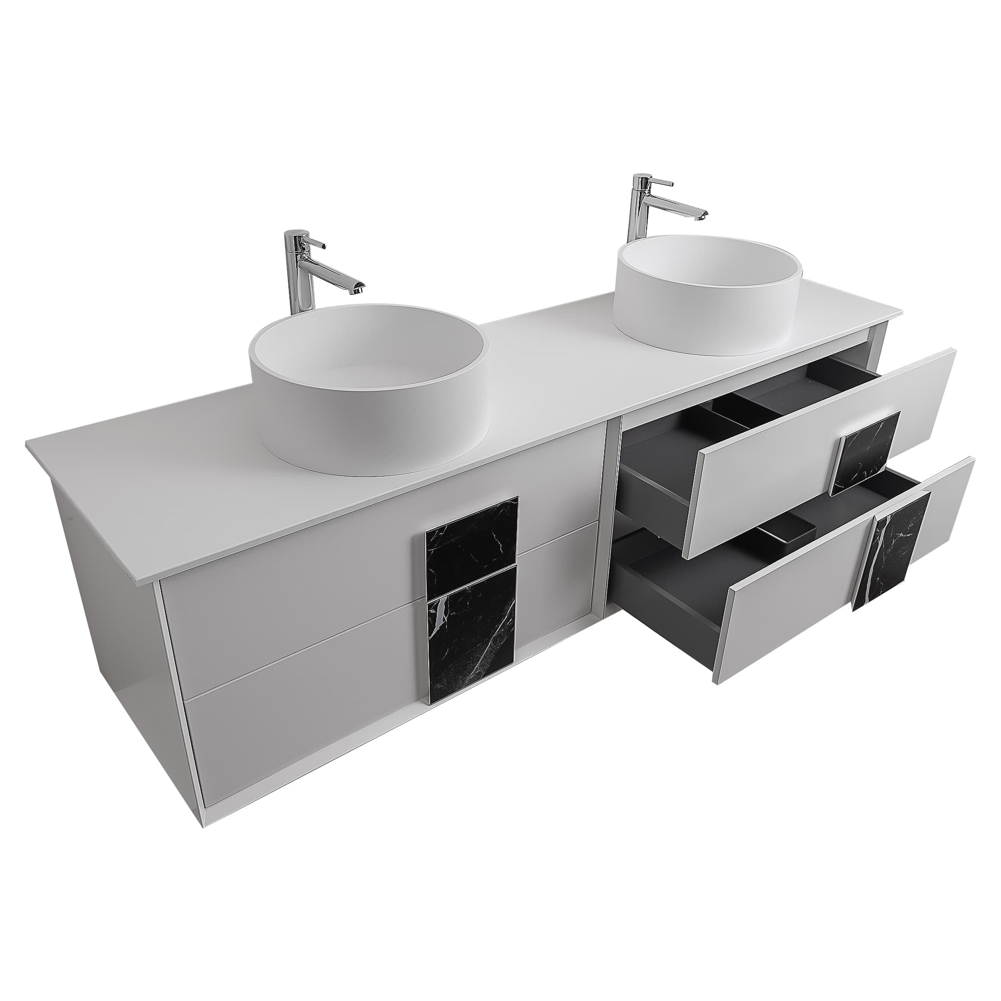 Piazza 63 Matte White With Black Marble Handle Cabinet, Solid Surface Flat White Counter and Two Round Solid Surface White Basin 1386, Wall Mounted Modern Vanity Set