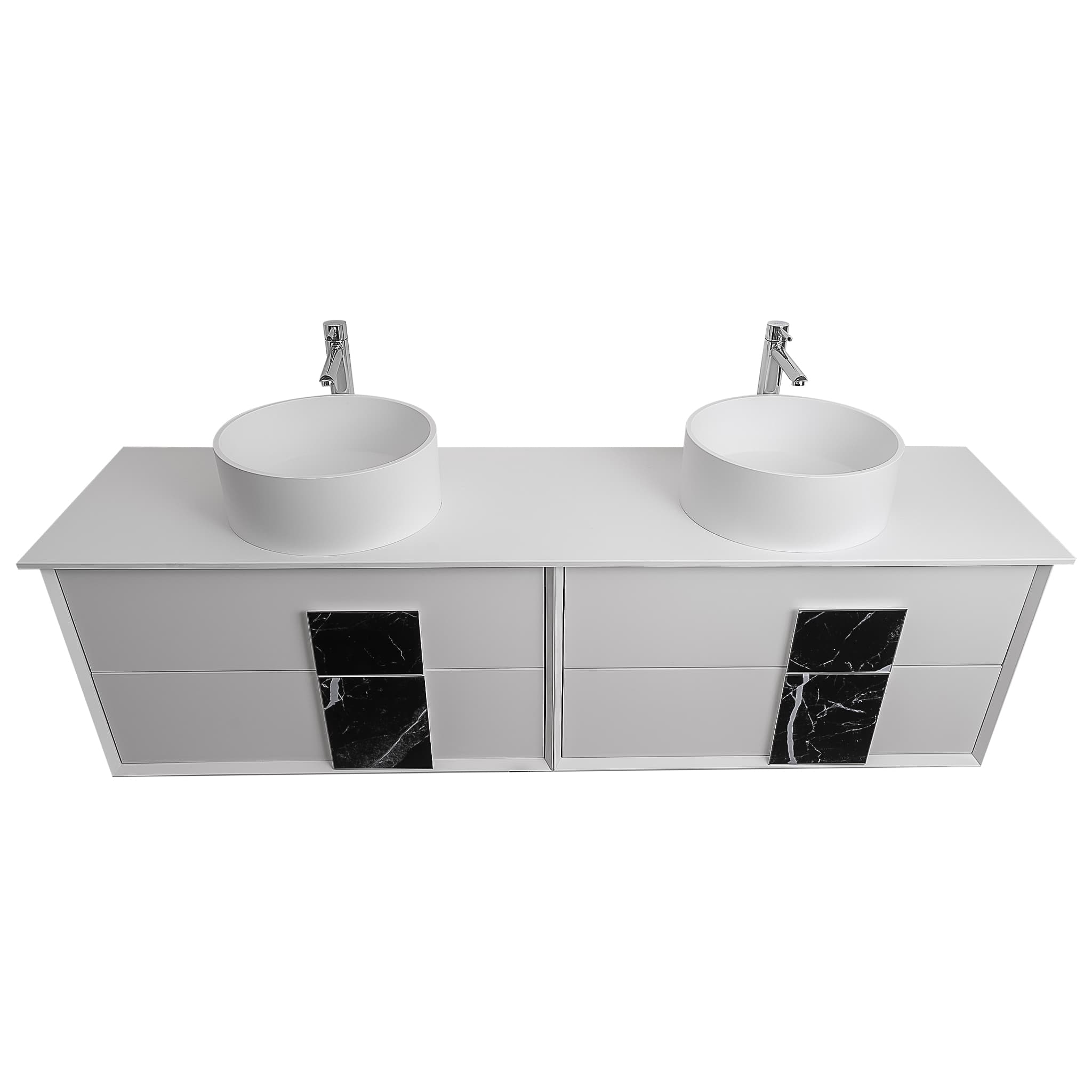 Piazza 63 Matte White With Black Marble Handle Cabinet, Solid Surface Flat White Counter and Two Round Solid Surface White Basin 1386, Wall Mounted Modern Vanity Set