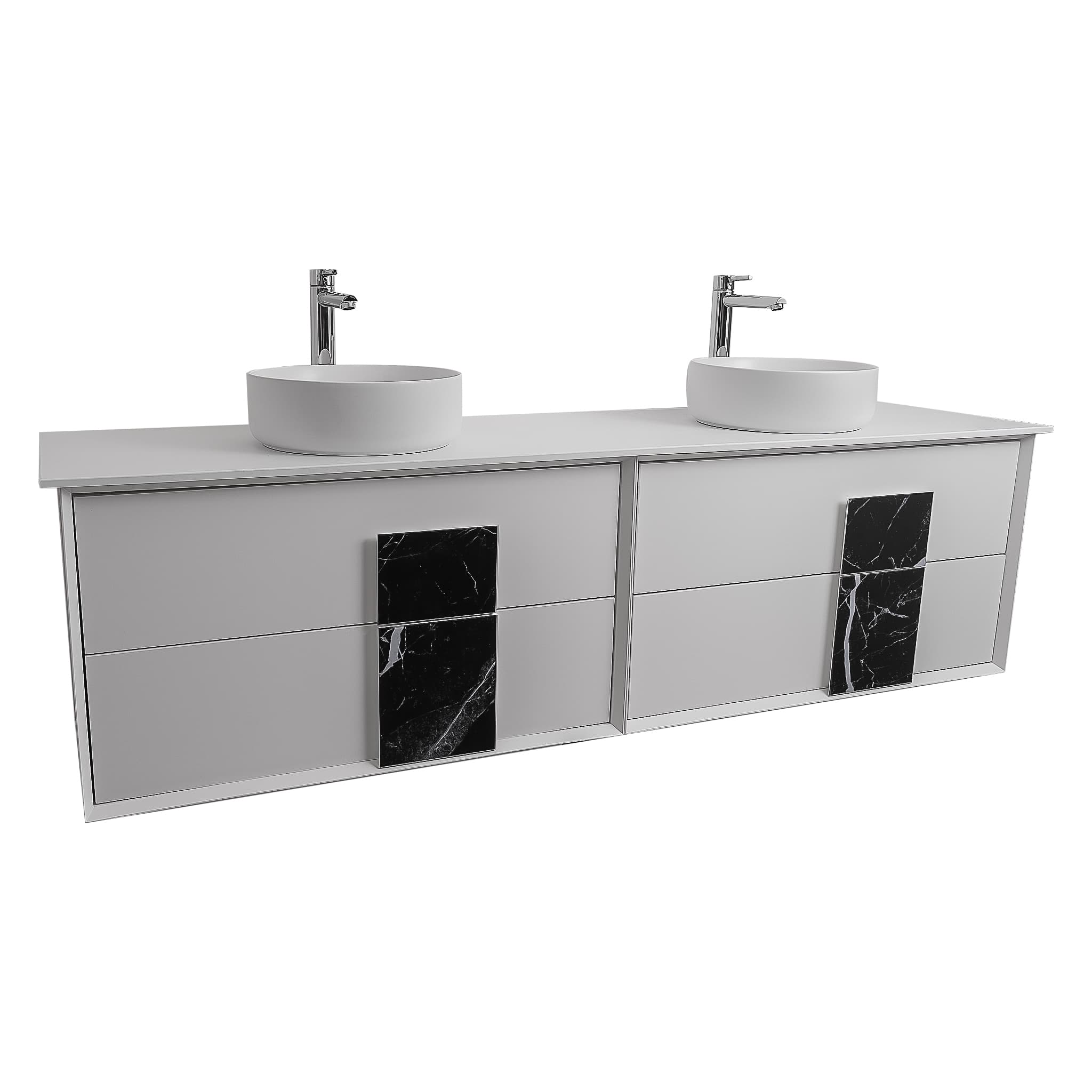 Piazza 63 Matte White With Black Marble Handle Cabinet, Ares White Top and Two Ares White Ceramic Basin, Wall Mounted Modern Vanity Set