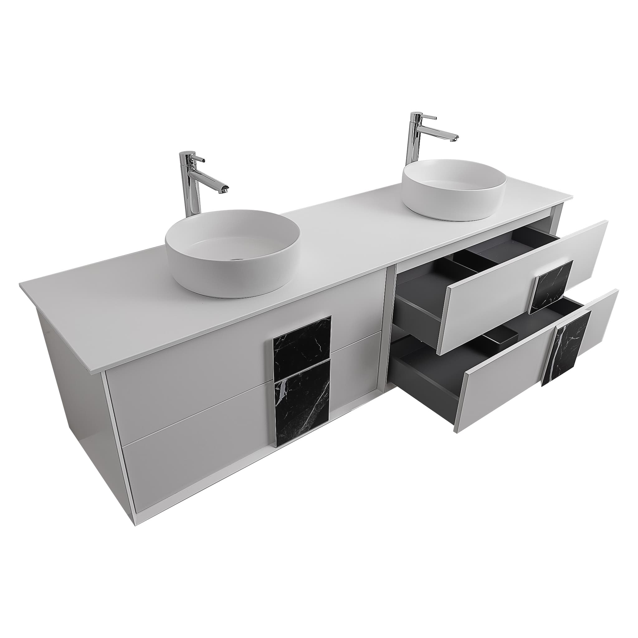 Piazza 63 Matte White With Black Marble Handle Cabinet, Ares White Top and Two Ares White Ceramic Basin, Wall Mounted Modern Vanity Set