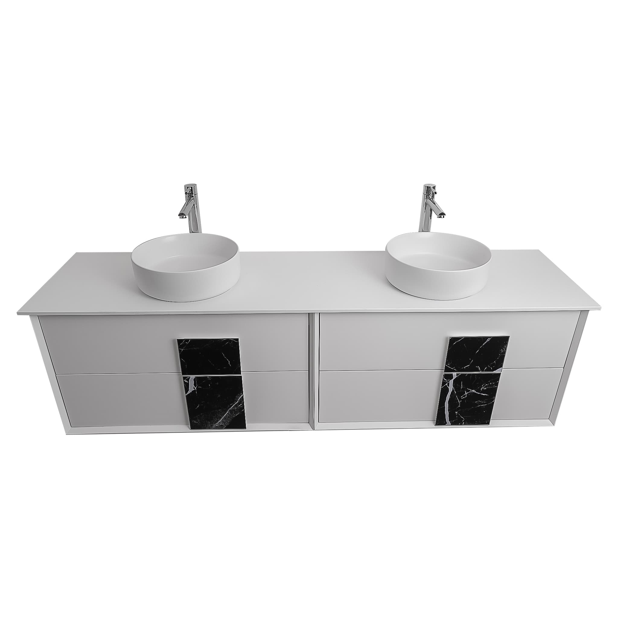 Piazza 63 Matte White With Black Marble Handle Cabinet, Ares White Top and Two Ares White Ceramic Basin, Wall Mounted Modern Vanity Set