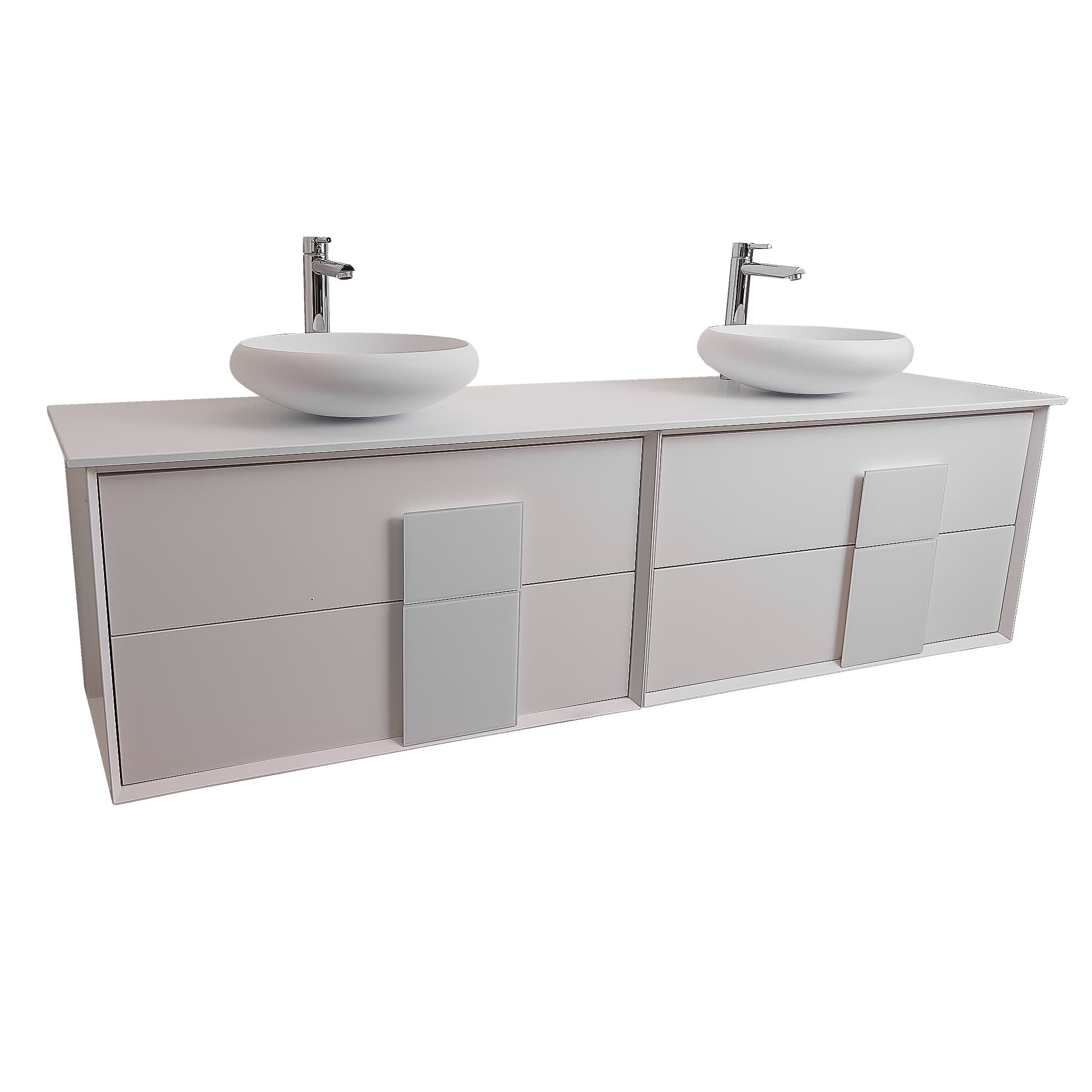 Piazza 63 Matte White With White Handle Cabinet, Solid Surface Flat White Counter and Two Round Solid Surface White Basin 1153, Wall Mounted Modern Vanity Set