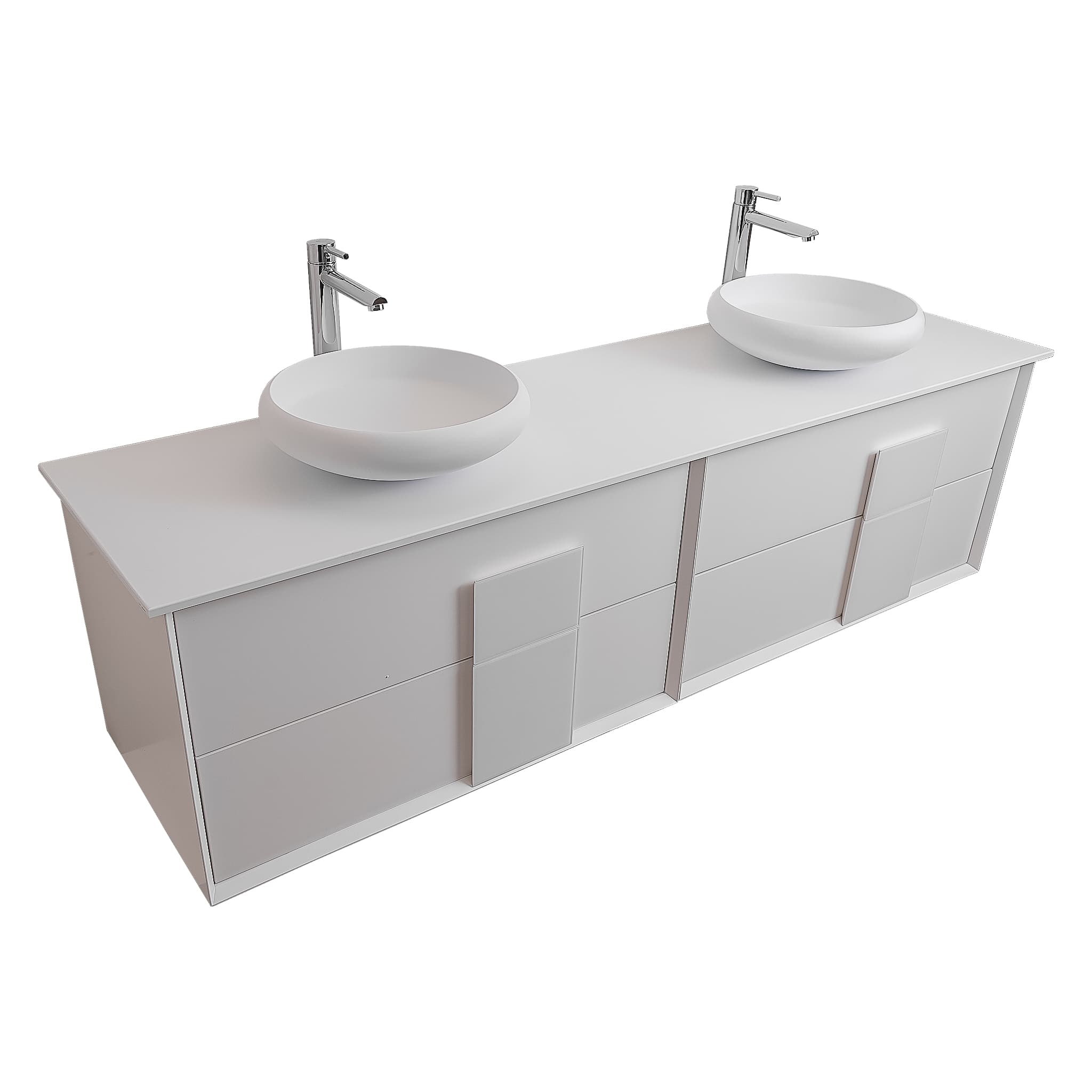 Piazza 63 Matte White With White Handle Cabinet, Solid Surface Flat White Counter and Two Round Solid Surface White Basin 1153, Wall Mounted Modern Vanity Set