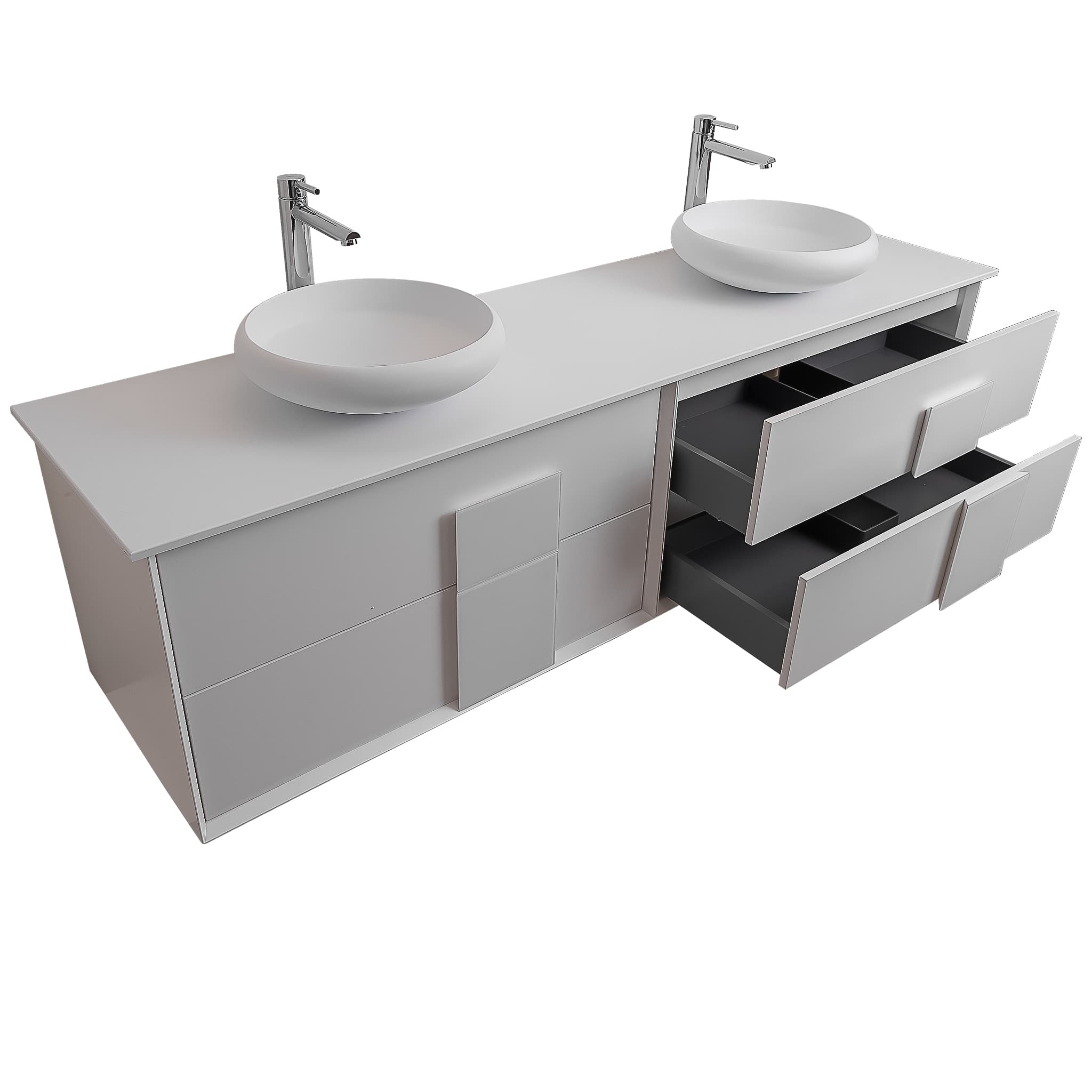 Piazza 63 Matte White With White Handle Cabinet, Solid Surface Flat White Counter and Two Round Solid Surface White Basin 1153, Wall Mounted Modern Vanity Set