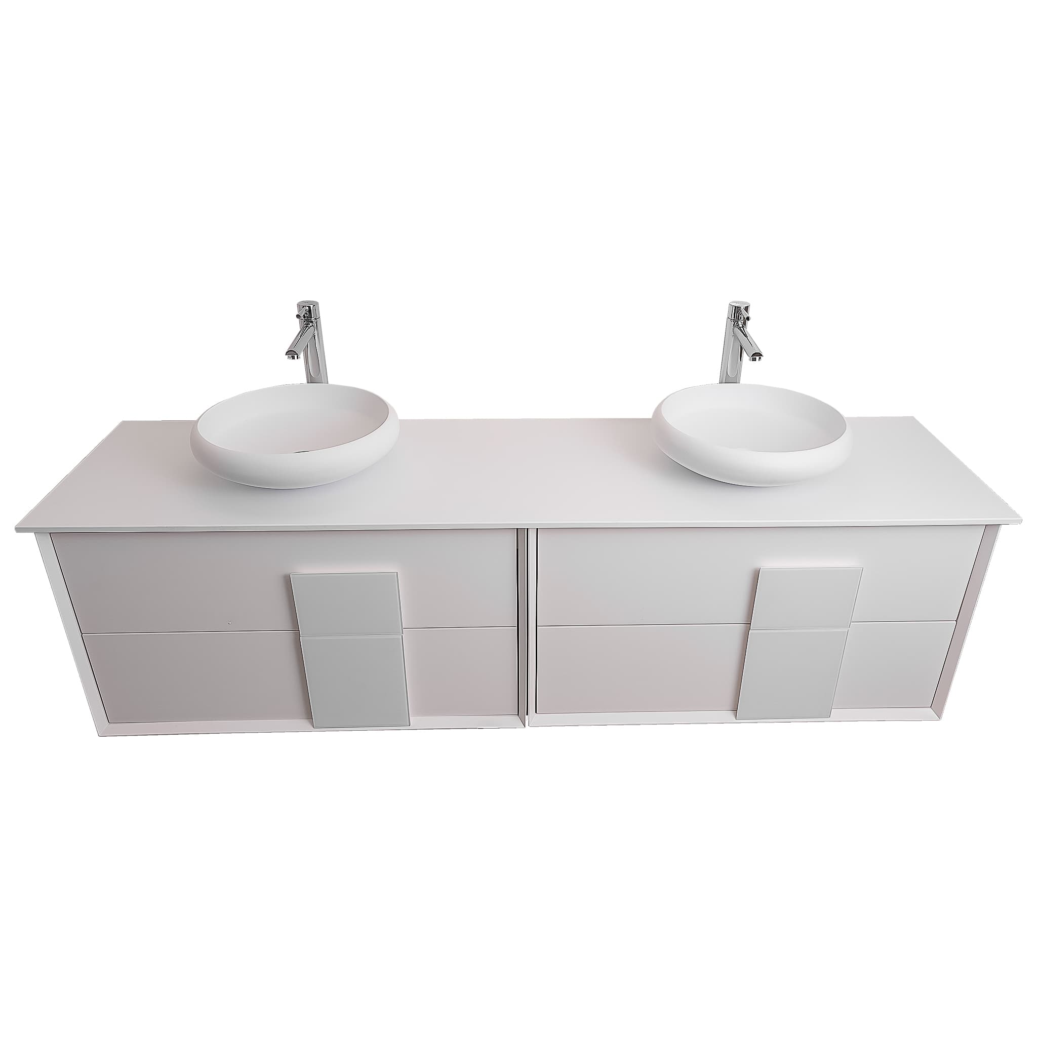 Piazza 63 Matte White With White Handle Cabinet, Solid Surface Flat White Counter and Two Round Solid Surface White Basin 1153, Wall Mounted Modern Vanity Set