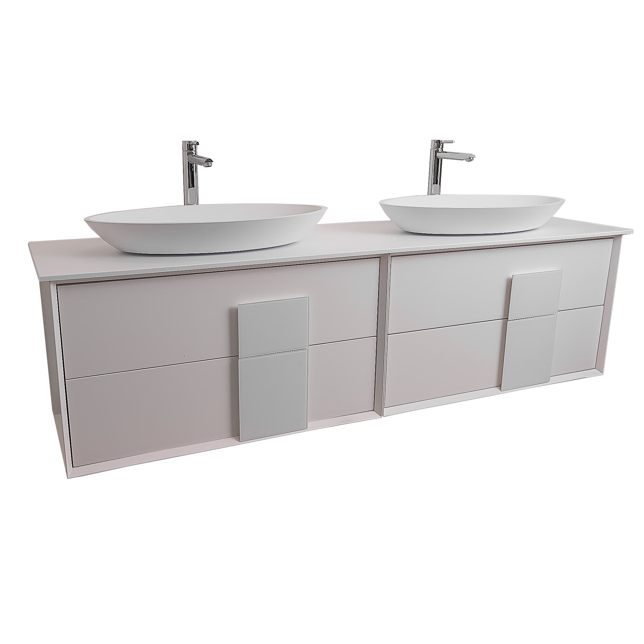 Piazza 63 Matte White With White Handle Cabinet, Solid Surface Flat White Counter and Two Oval Solid Surface White Basin 1305, Wall Mounted Modern Vanity Set