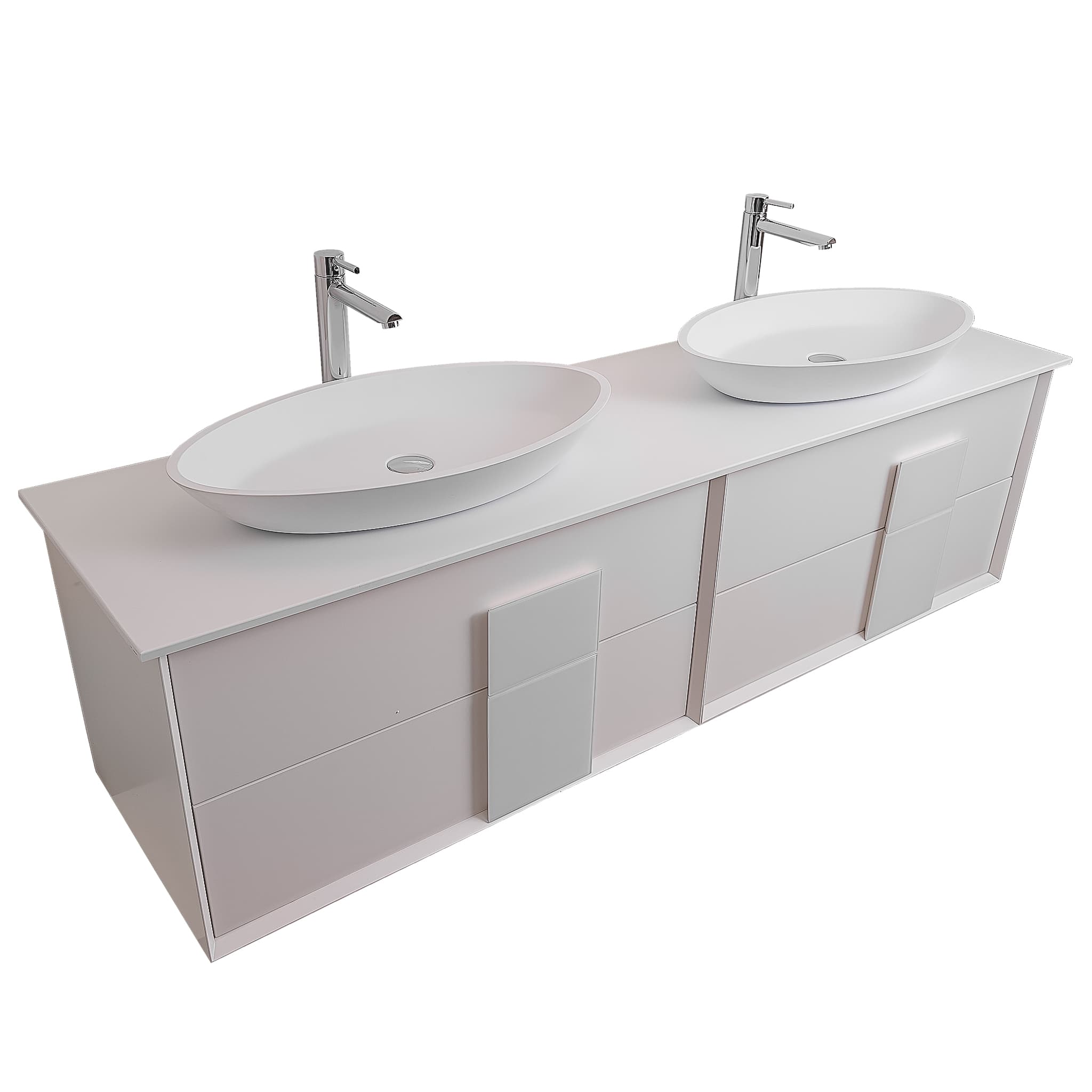 Piazza 63 Matte White With White Handle Cabinet, Solid Surface Flat White Counter and Two Oval Solid Surface White Basin 1305, Wall Mounted Modern Vanity Set