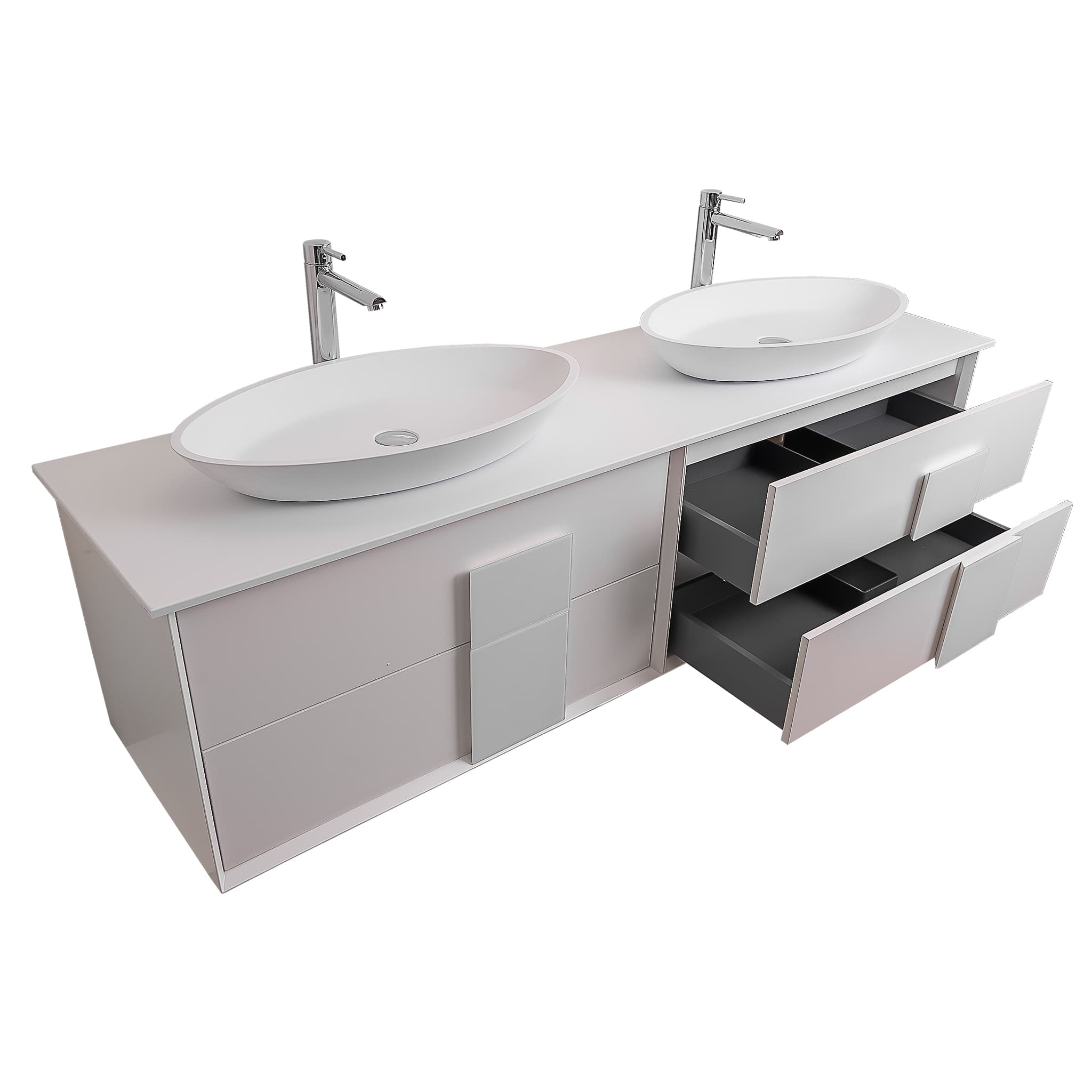 Piazza 63 Matte White With White Handle Cabinet, Solid Surface Flat White Counter and Two Oval Solid Surface White Basin 1305, Wall Mounted Modern Vanity Set