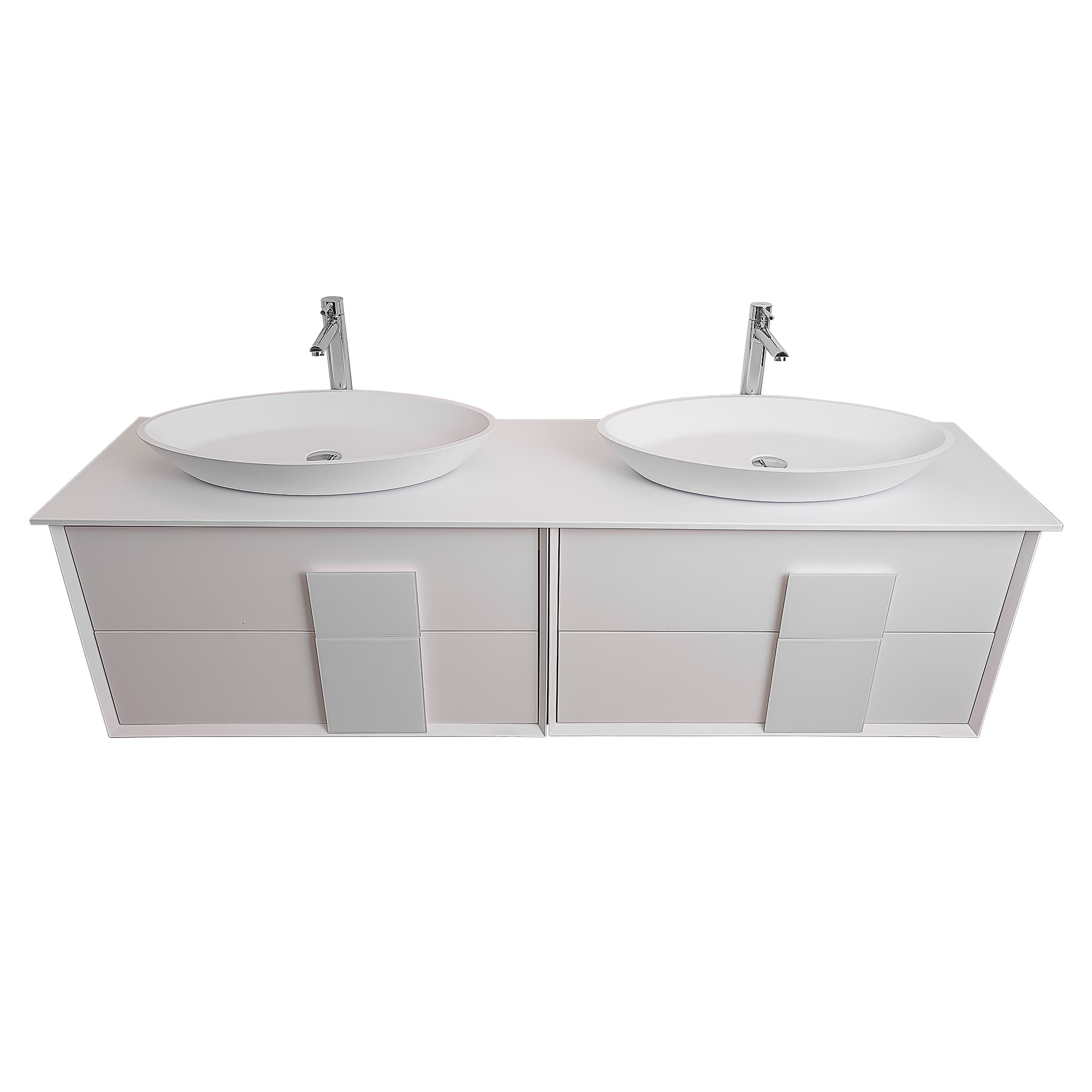 Piazza 63 Matte White With White Handle Cabinet, Solid Surface Flat White Counter and Two Oval Solid Surface White Basin 1305, Wall Mounted Modern Vanity Set