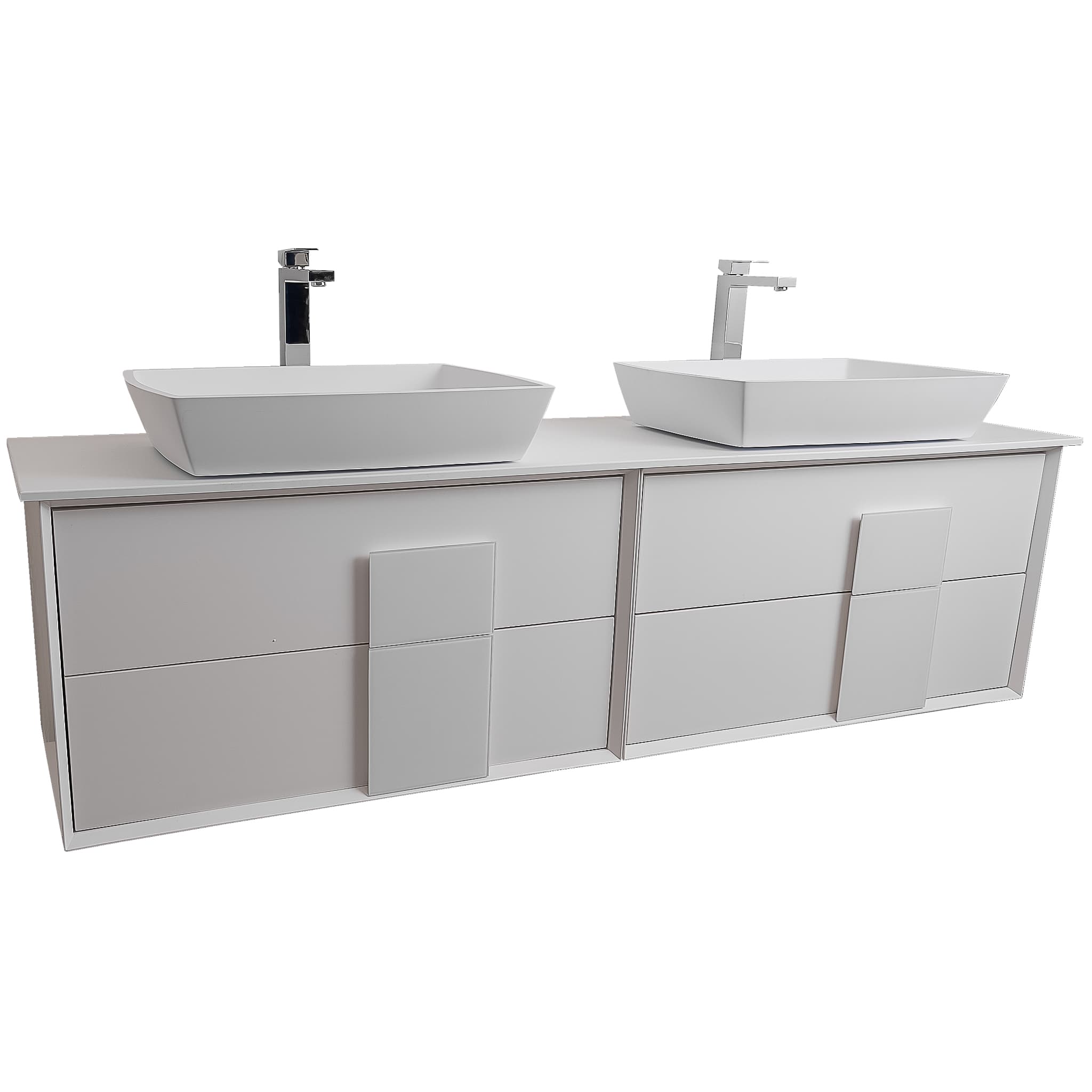 Piazza 63 Matte White With White Handle Cabinet, Solid Surface Flat White Counter and Two Square Solid Surface White Basin 1316, Wall Mounted Modern Vanity Set
