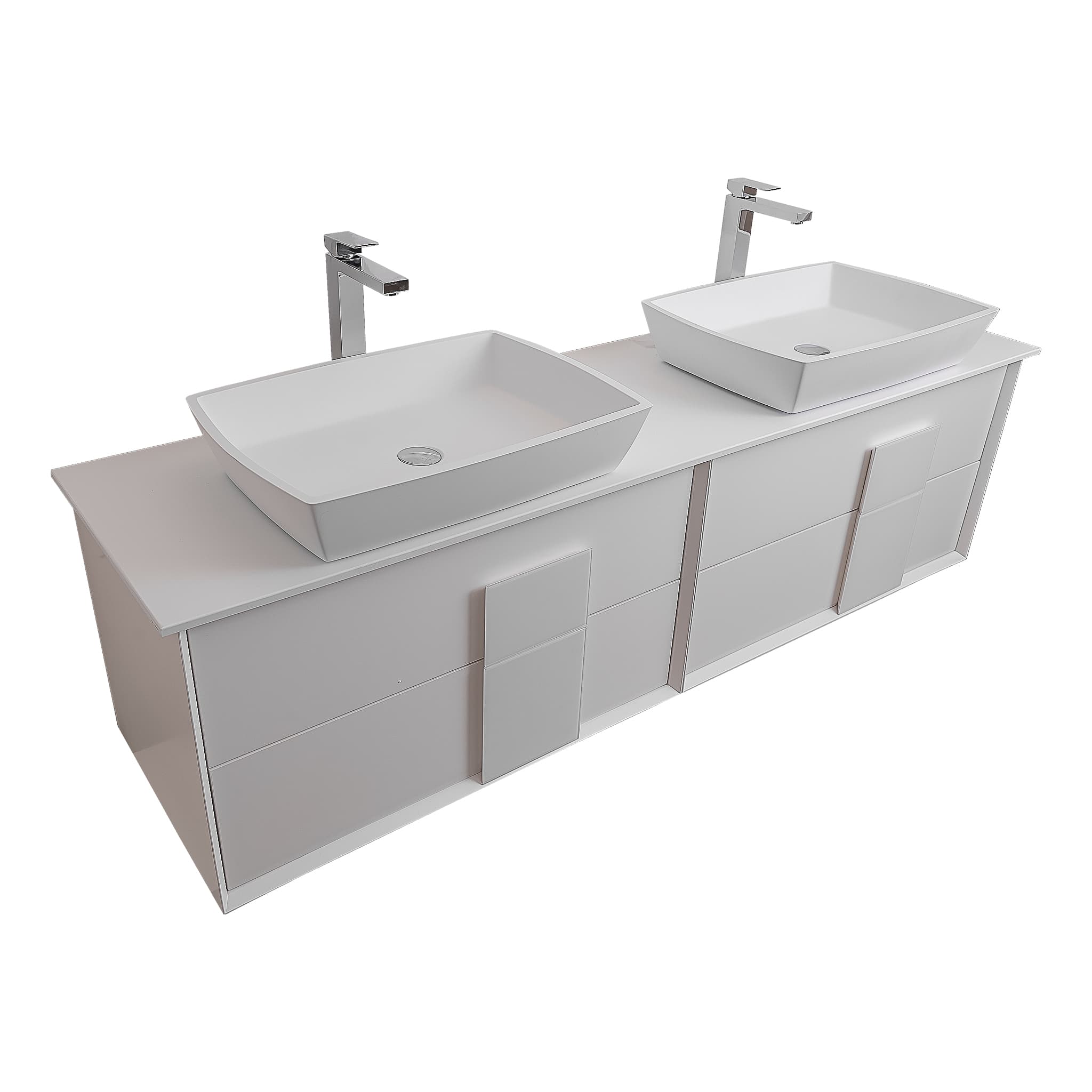 Piazza 63 Matte White With White Handle Cabinet, Solid Surface Flat White Counter and Two Square Solid Surface White Basin 1316, Wall Mounted Modern Vanity Set